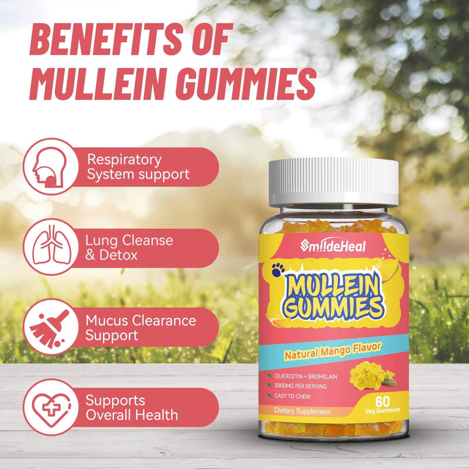 Mullein Gummies 3000MG – Sugar Free, Vegan, Lung Support (60 Count)