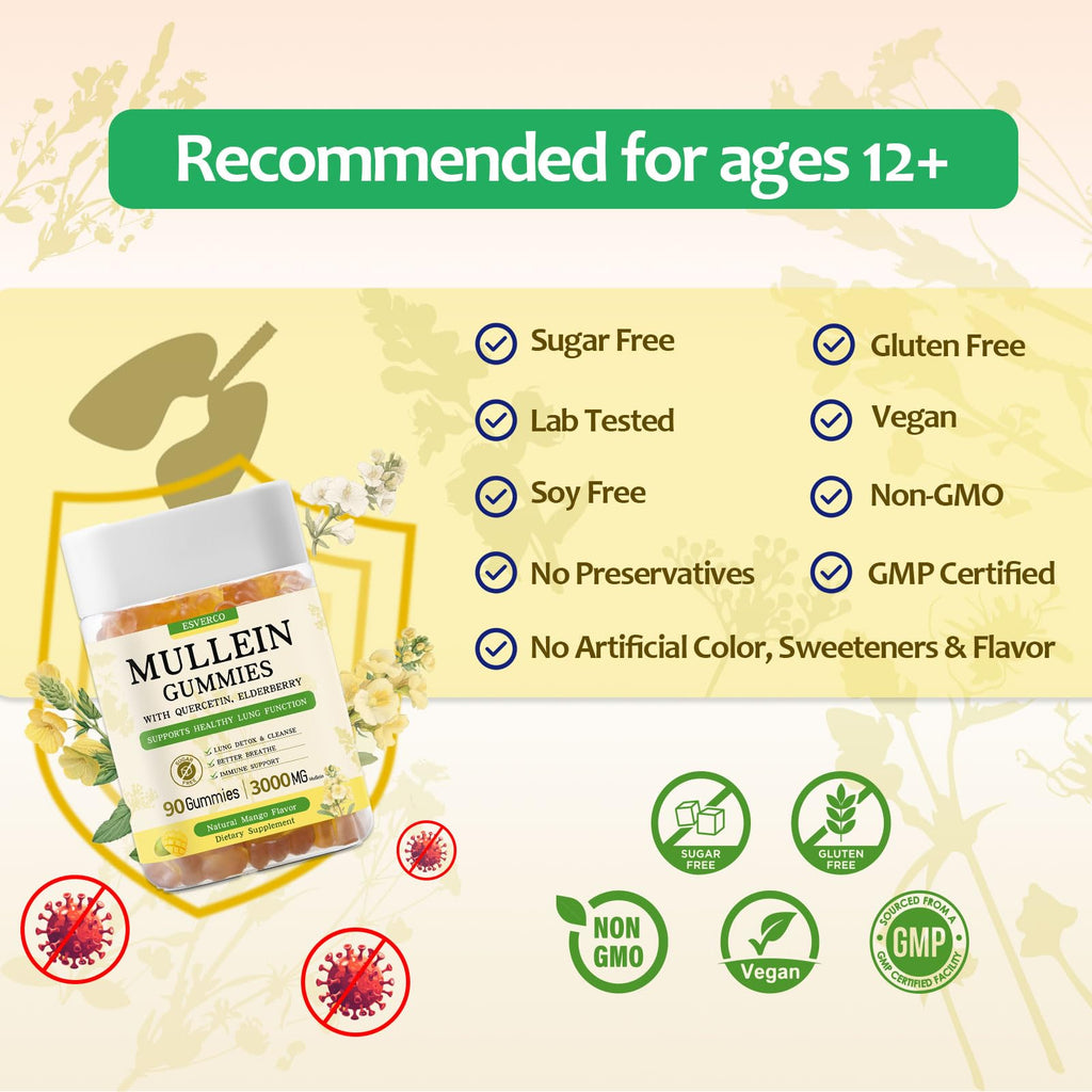 Mullein Gummies 3600mg – 7-in-1 Lung Health, Immune Support, Vegan, No Sugar | 90 Count