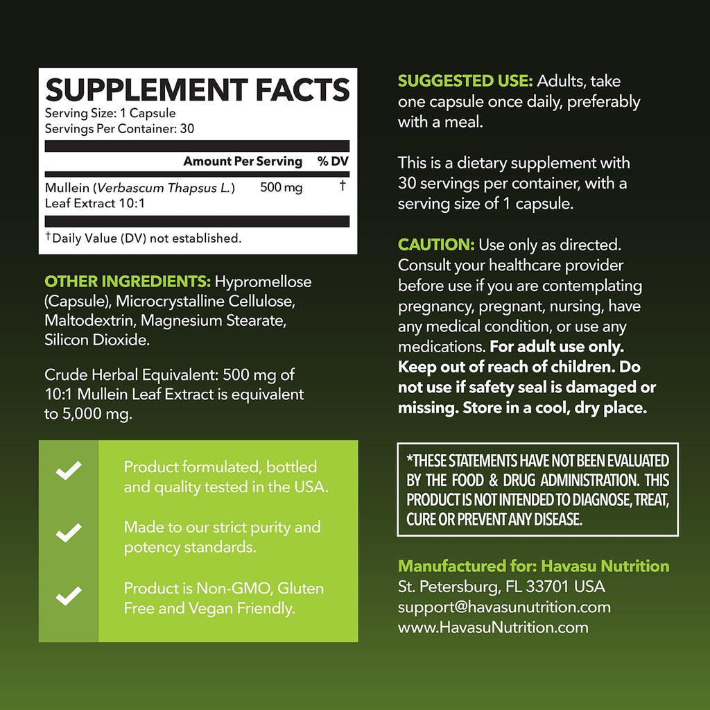 Mullein Leaf Capsules 5000mg 10:1 – Lung Support & Immune Function (30 Count) – Vegan, Non-GMO