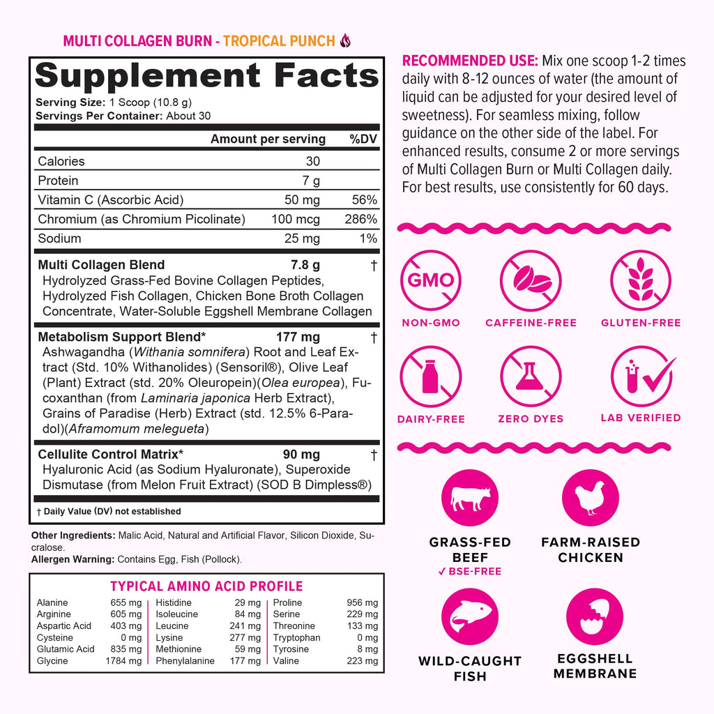 Hydrolyzed Collagen Peptides Powder for Women | MultiCollagen Burn with Hyaluronic Acid & Vitamin C (30 Servings)