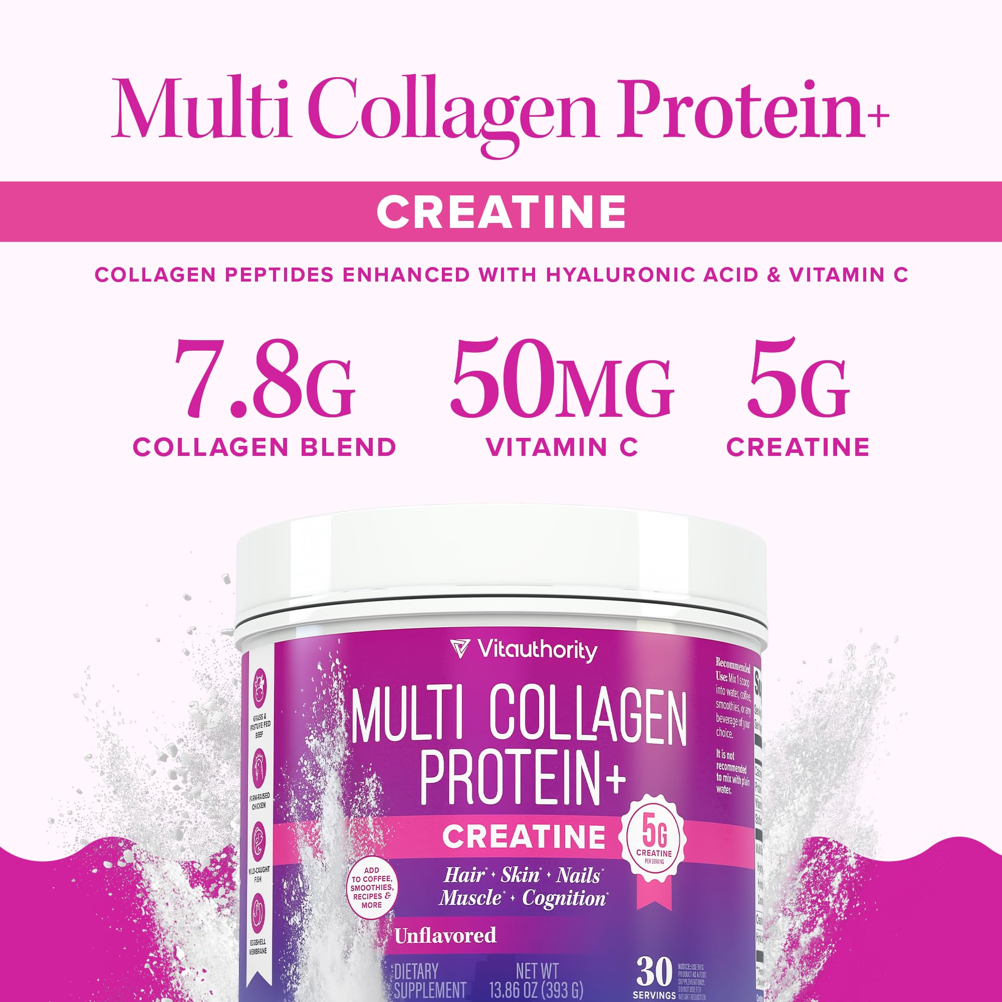 Multi Collagen Protein + Creatine | 5g Creatine Monohydrate, 30 Servings