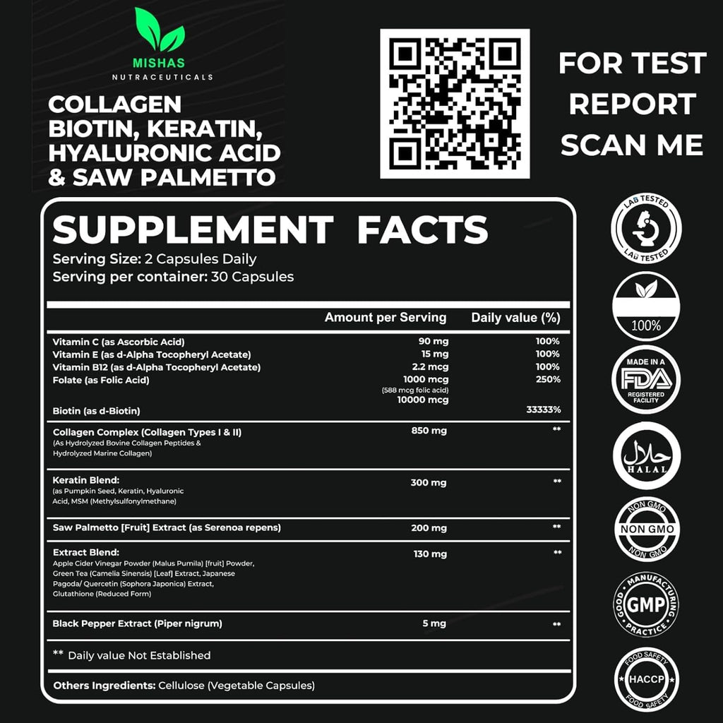 Multi Collagen Hair Pills with Biotin 10,000mcg – Keratin, Hyaluronic Acid & DHT Blocker | 60 Vegan Capsules