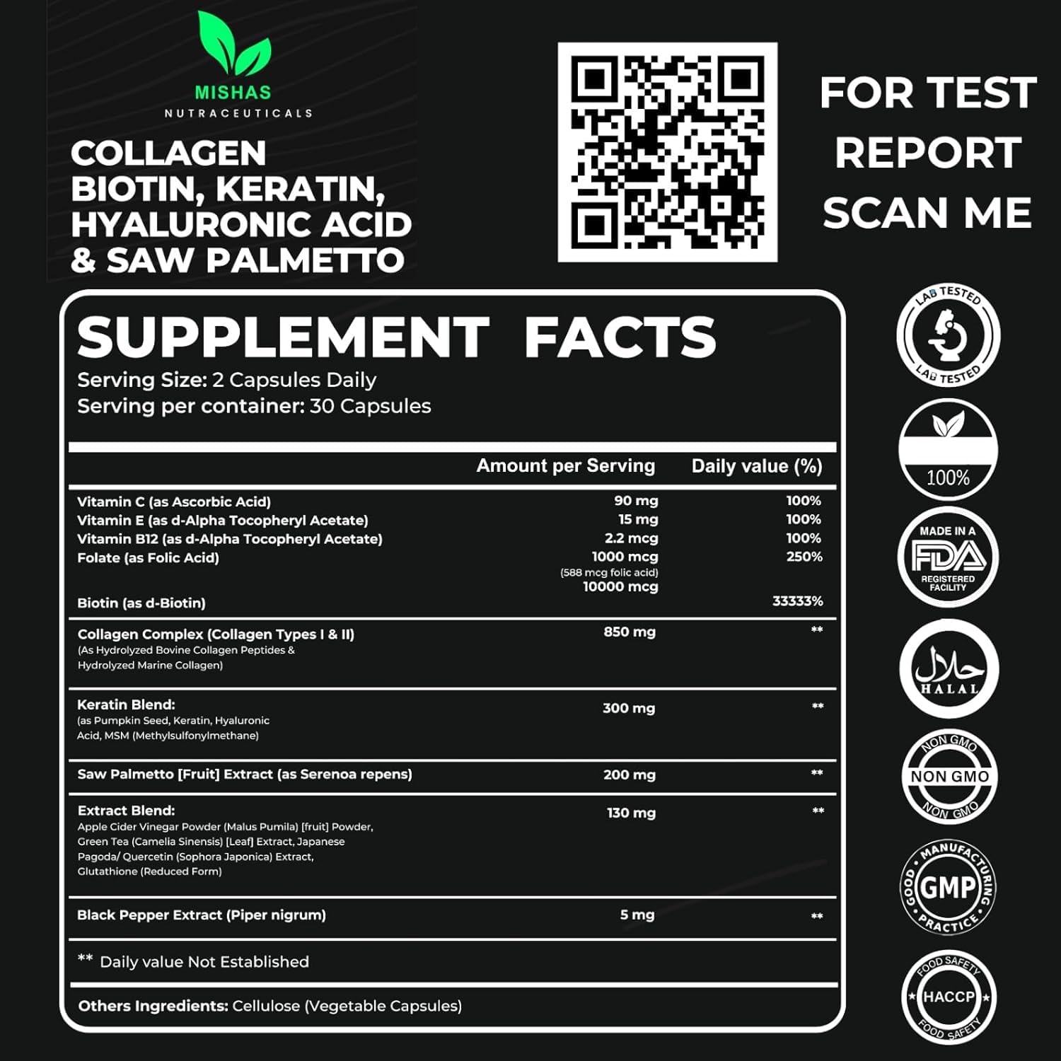 Multi Collagen Hair Pills with Biotin 10,000mcg – Keratin, Hyaluronic Acid & DHT Blocker | 60 Vegan Capsules