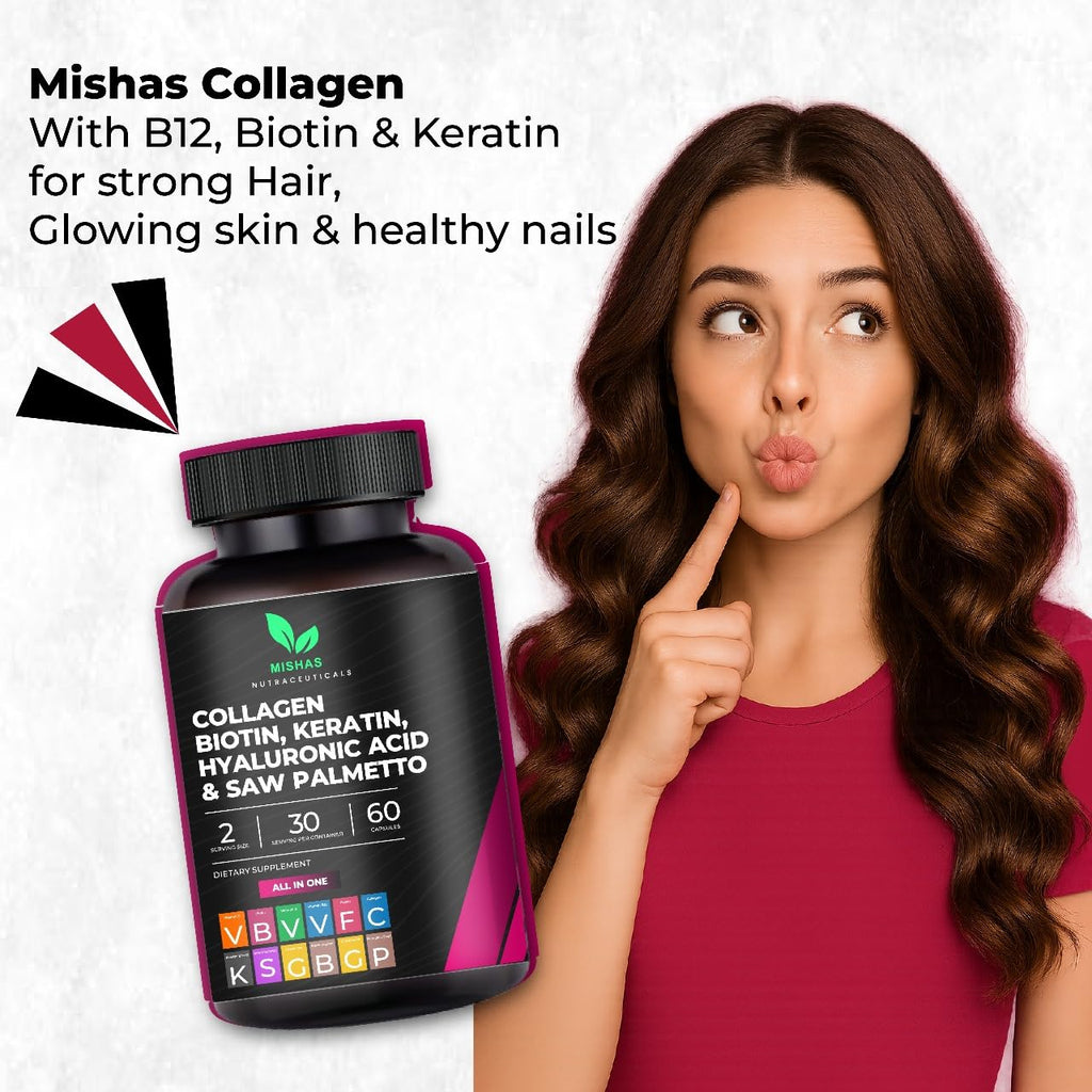 Multi Collagen Hair Pills with Biotin 10,000mcg – Keratin, Hyaluronic Acid & DHT Blocker | 60 Vegan Capsules