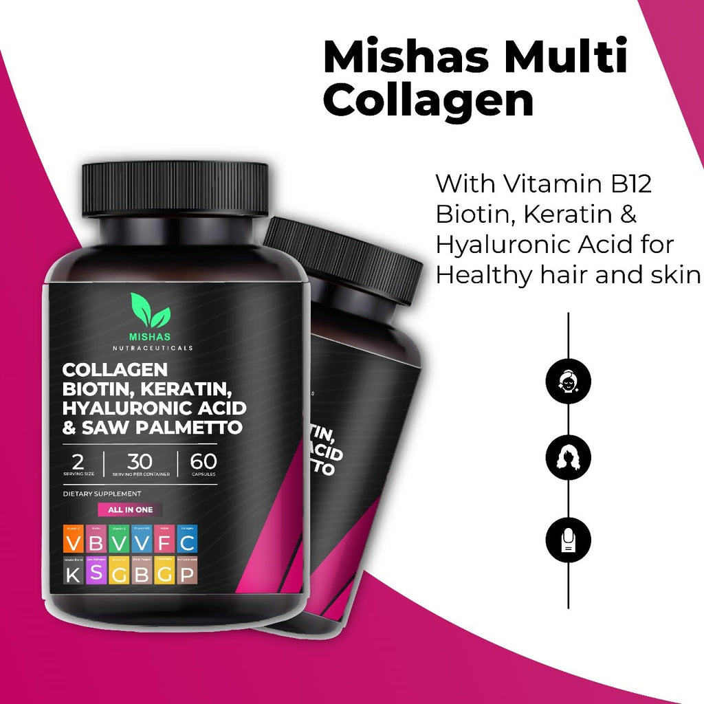 Multi Collagen Hair Pills with Biotin 10,000mcg – Keratin, Hyaluronic Acid & DHT Blocker | 60 Vegan Capsules