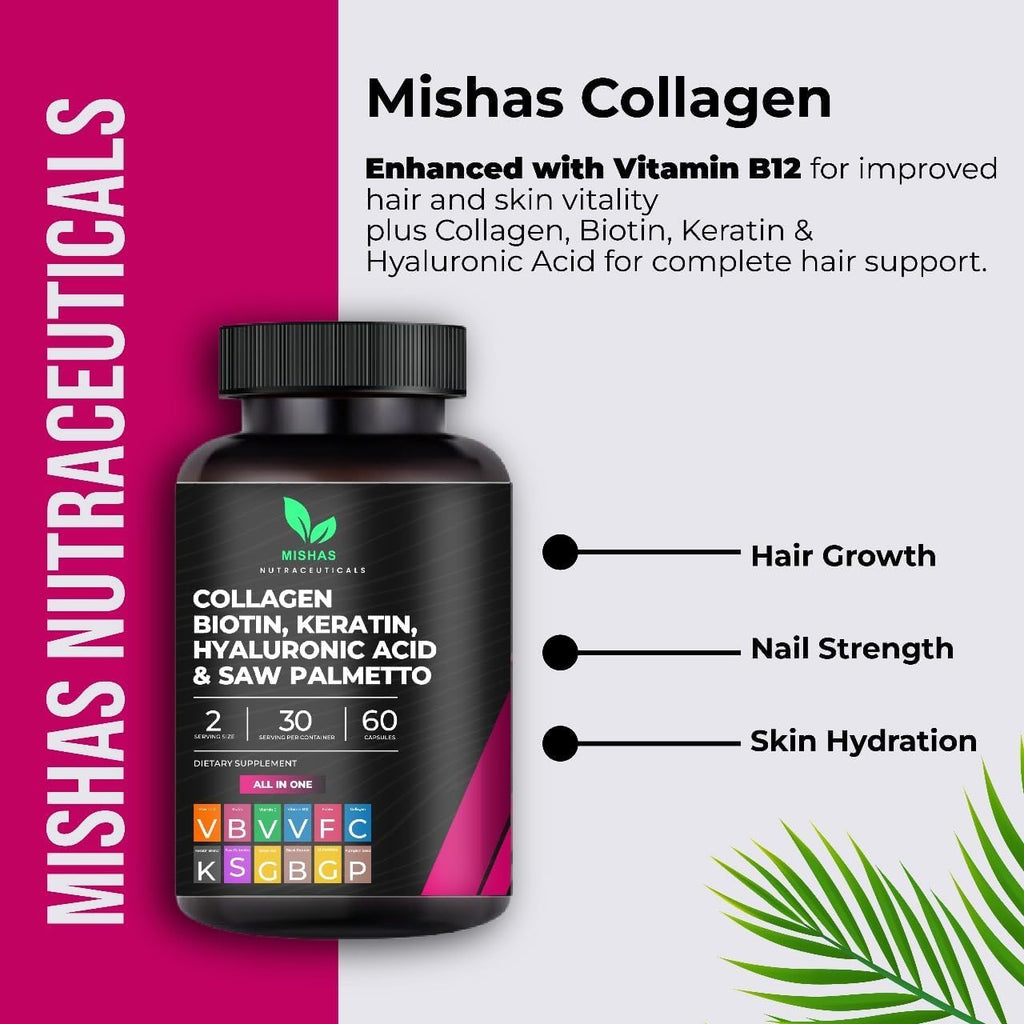 Multi Collagen Hair Pills with Biotin 10,000mcg – Keratin, Hyaluronic Acid & DHT Blocker | 60 Vegan Capsules