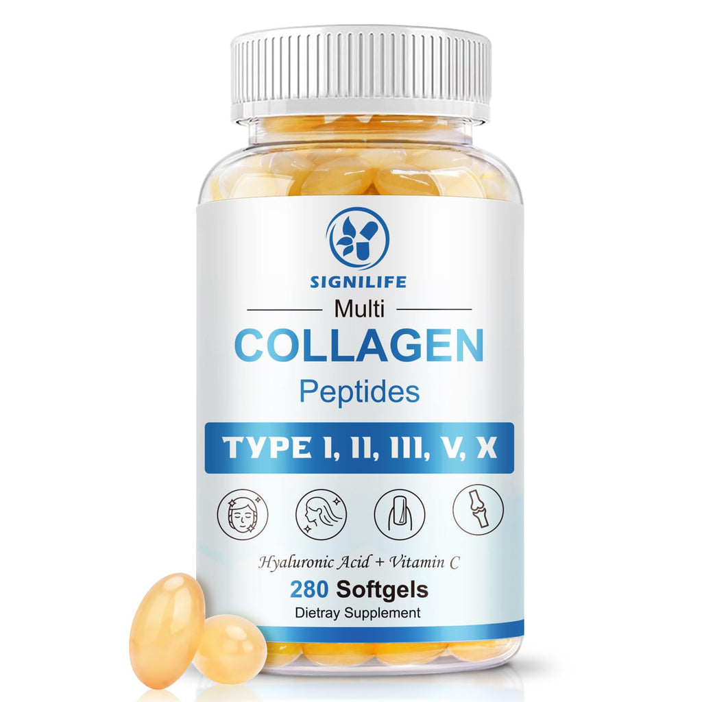 Multi Collagen Peptides with Hyaluronic Acid & Vitamin C – Skin, Hair & Nails | 280 Softgels | Non-GMO