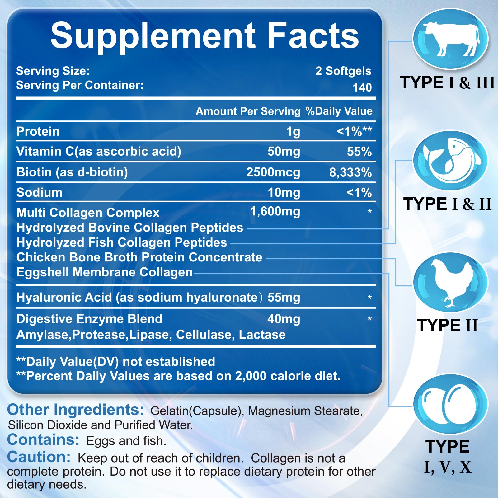 Multi Collagen Peptides with Hyaluronic Acid & Vitamin C – Skin, Hair & Nails | 280 Softgels | Non-GMO
