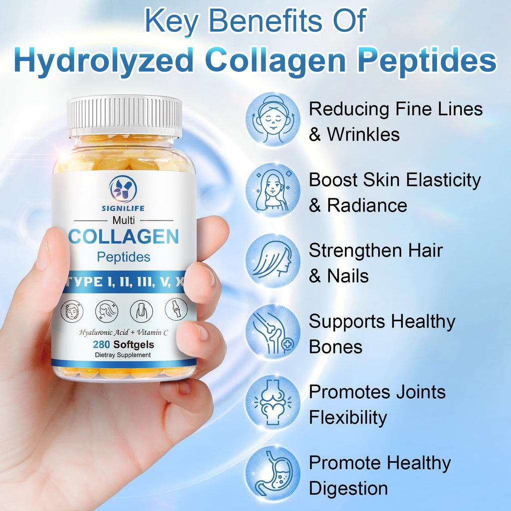 Multi Collagen Peptides with Hyaluronic Acid & Vitamin C – Skin, Hair & Nails | 280 Softgels | Non-GMO