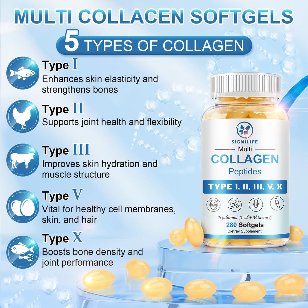 Multi Collagen Peptides with Hyaluronic Acid & Vitamin C – Skin, Hair & Nails | 280 Softgels | Non-GMO