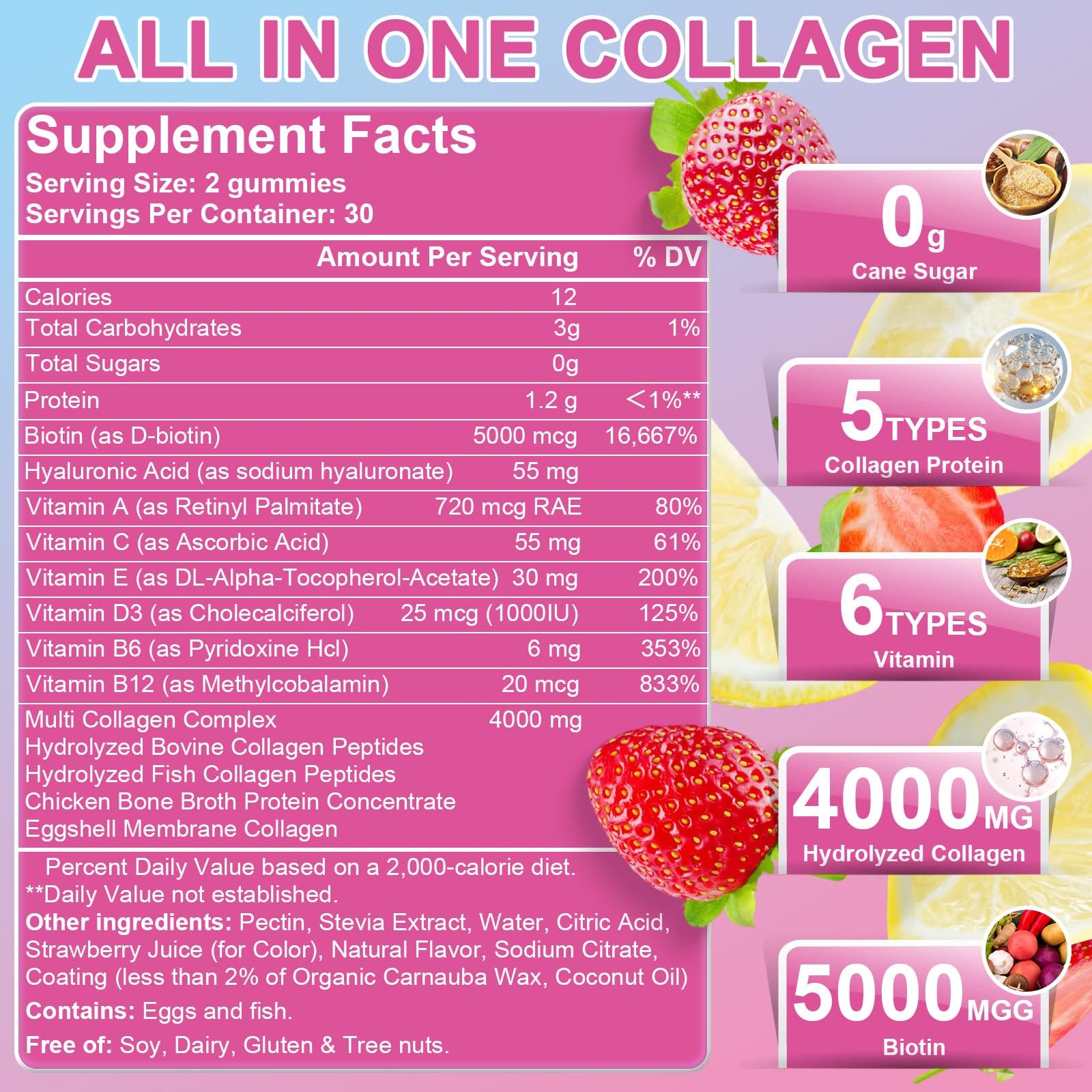 Multi Collagen Peptides Gummies Type I-V, X with Biotin & Hyaluronic Acid – Supports Skin, Hair & Nails | 60 Count, 1 Pack