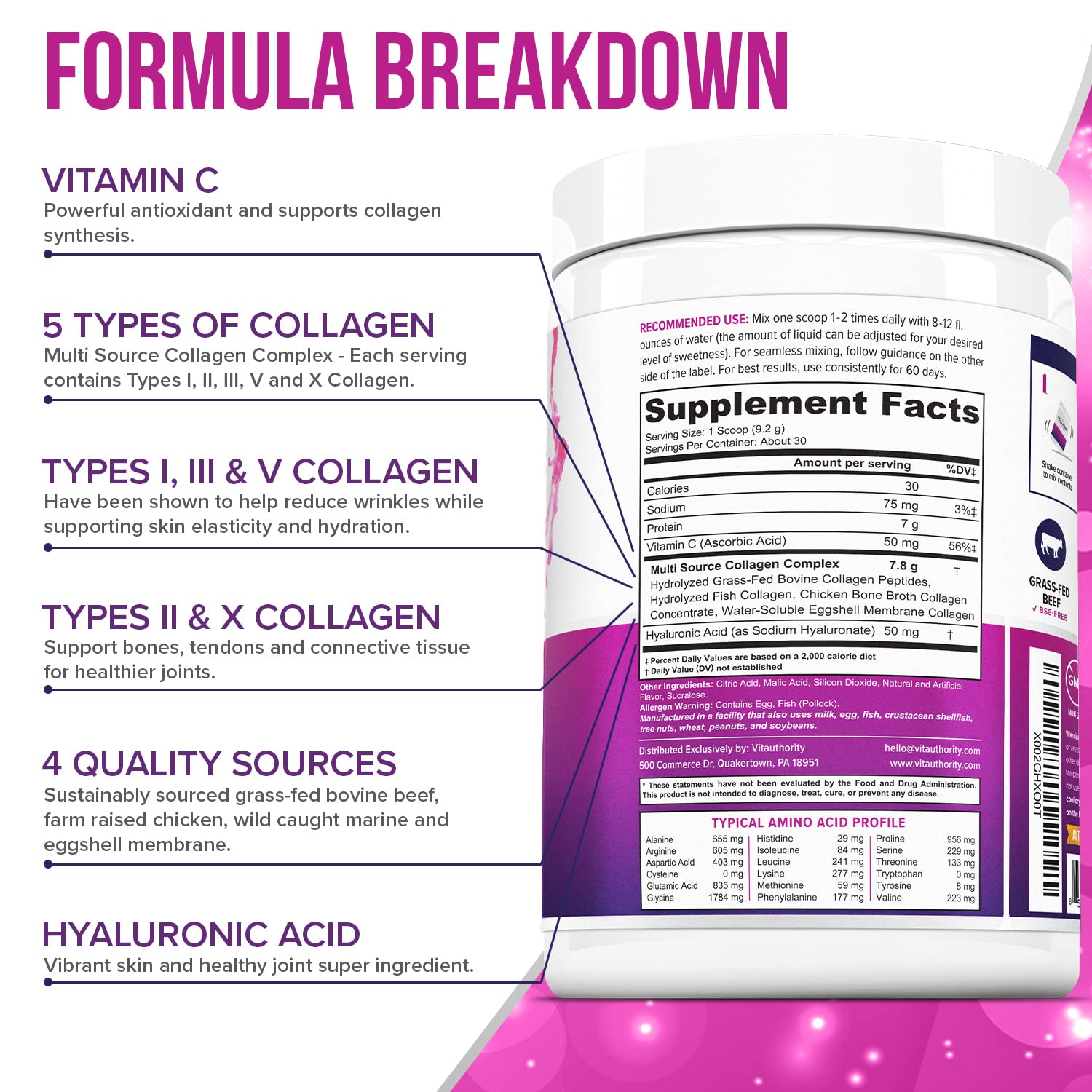 Multi Collagen Peptides Powder for Women – Hydrolyzed Collagen with Types I II III V X, Vitamin C & Hyaluronic Acid – Hair, Skin & Nails (Pink Lemonade) – 30 Servings