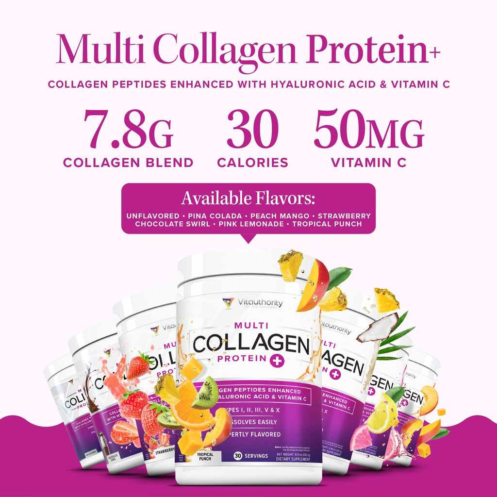 Multi Collagen Peptides Powder for Women – Hydrolyzed Collagen with Types I II III V X, Vitamin C & Hyaluronic Acid – Hair, Skin & Nails (Pink Lemonade) – 30 Servings