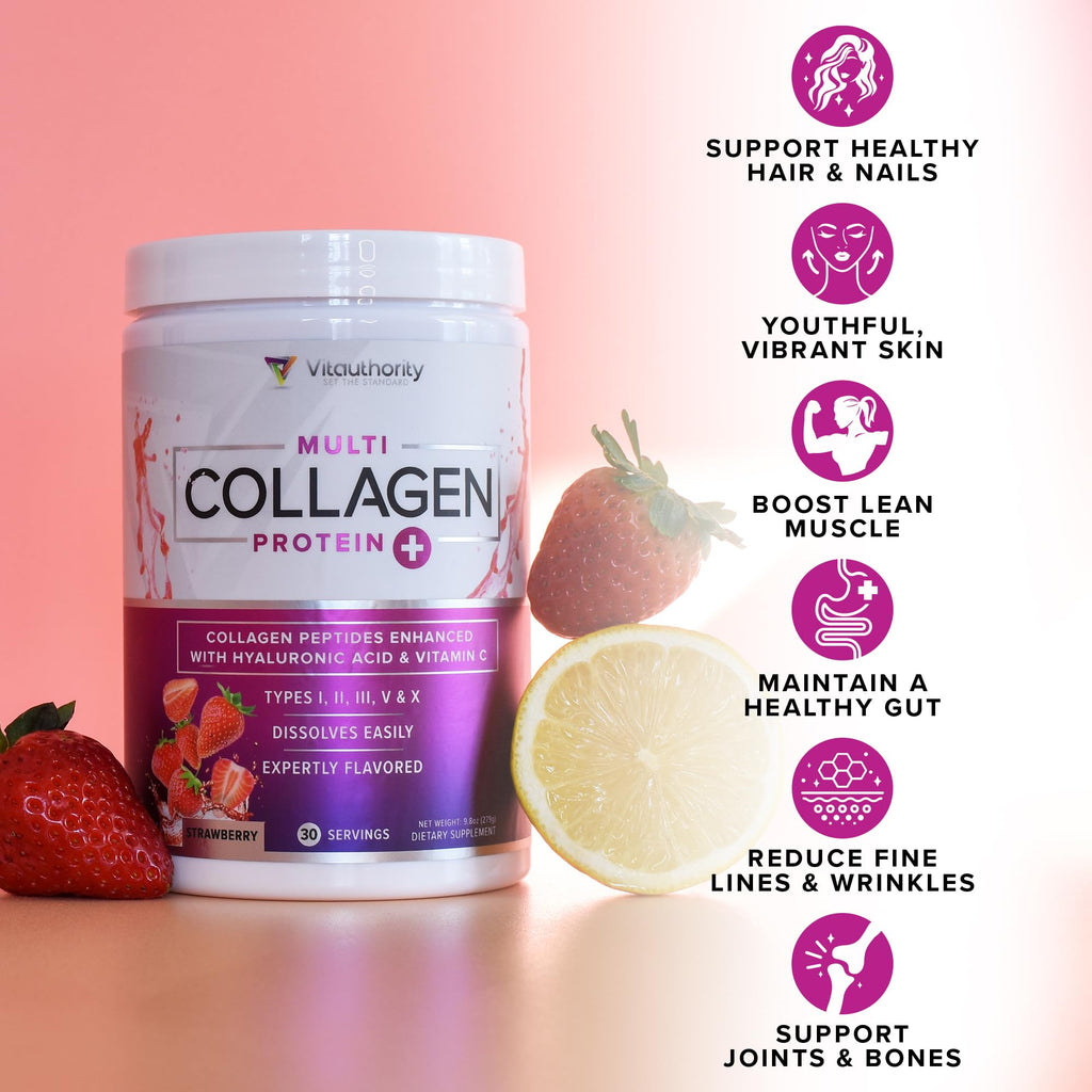Multi Collagen Peptides Powder for Women – Hydrolyzed Collagen with Types I II III V X, Vitamin C & Hyaluronic Acid – Hair, Skin & Nails (Pink Lemonade) – 30 Servings