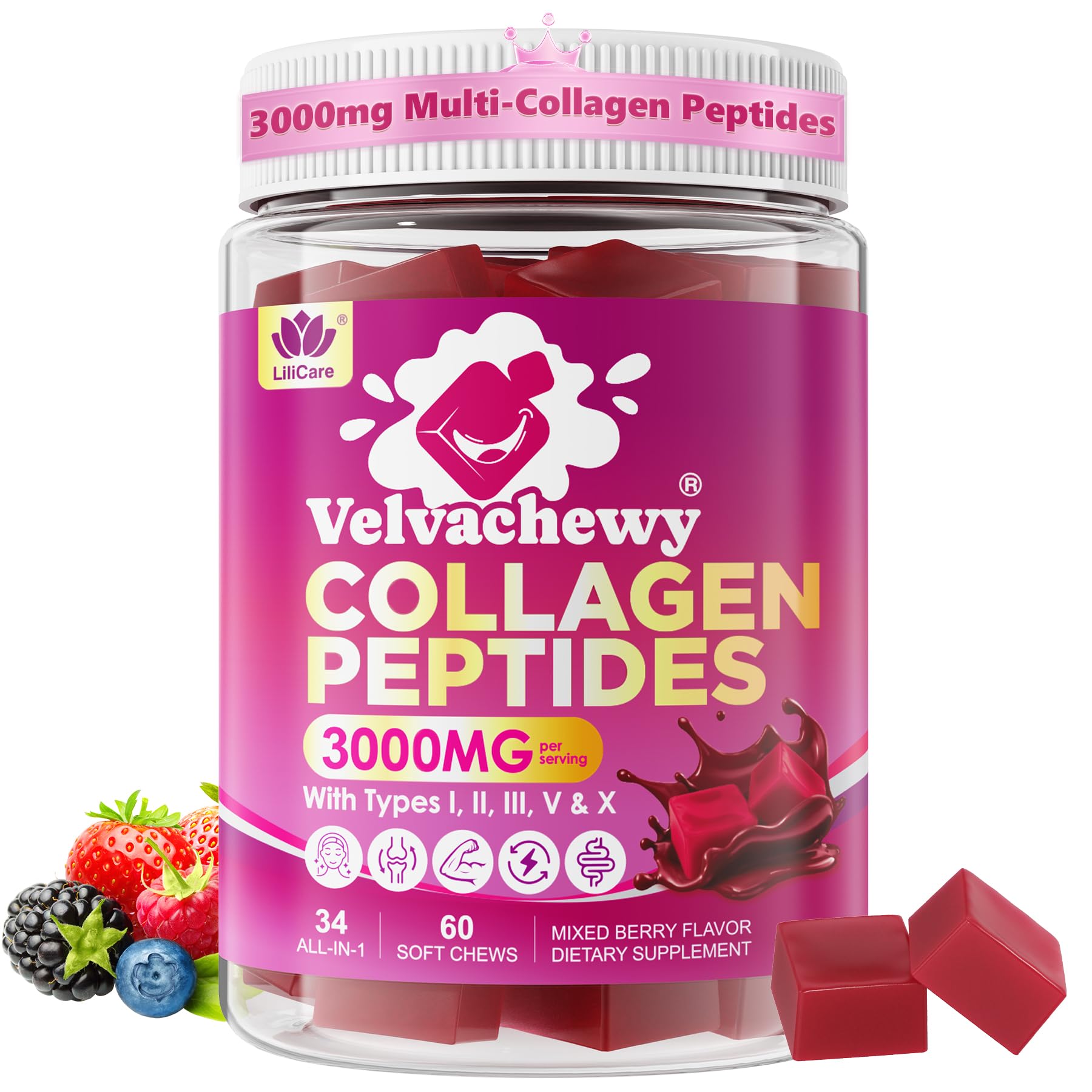 Multi Collagen Peptides Soft Chews 3000mg | 60 Servings | Hair Skin Nails & Joints