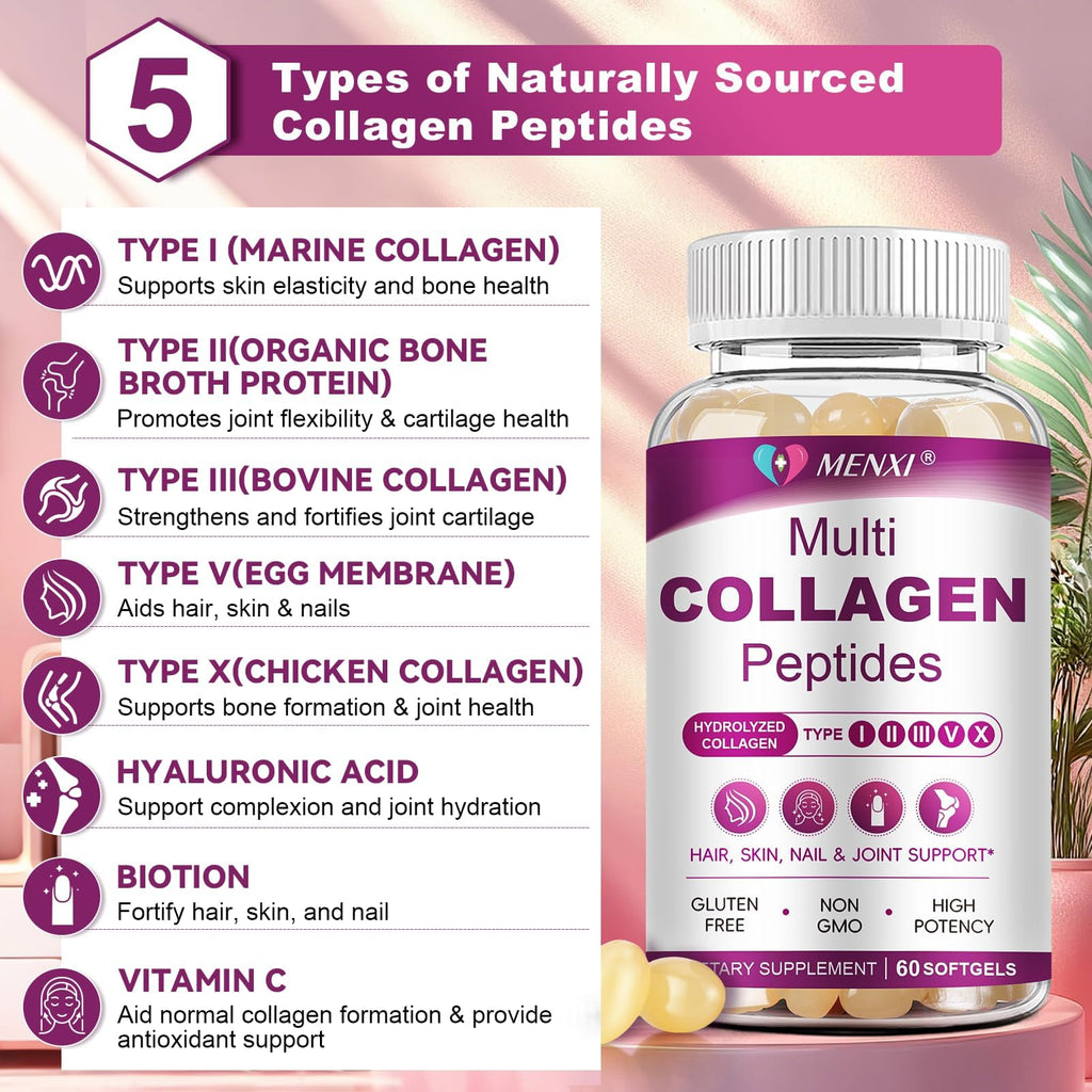 Multi Collagen Peptides Softgels – Type I, II, III, V, X for Skin, Hair, Nails & Joints | Non-GMO