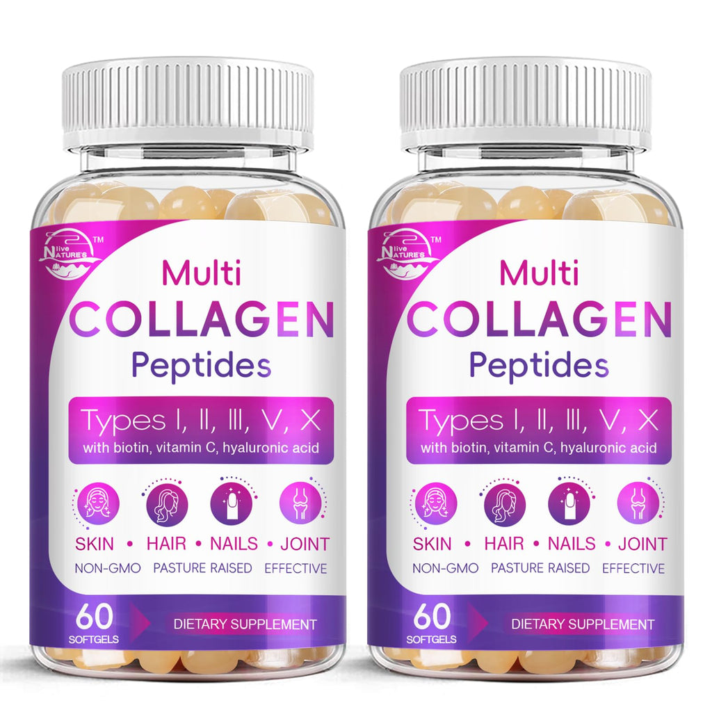 Multi Collagen Peptides Softgels (Type I-X) with Biotin, Vitamin C & Hyaluronic Acid | Grass-Fed, Non-GMO | 60 Softgels, 2-Pack