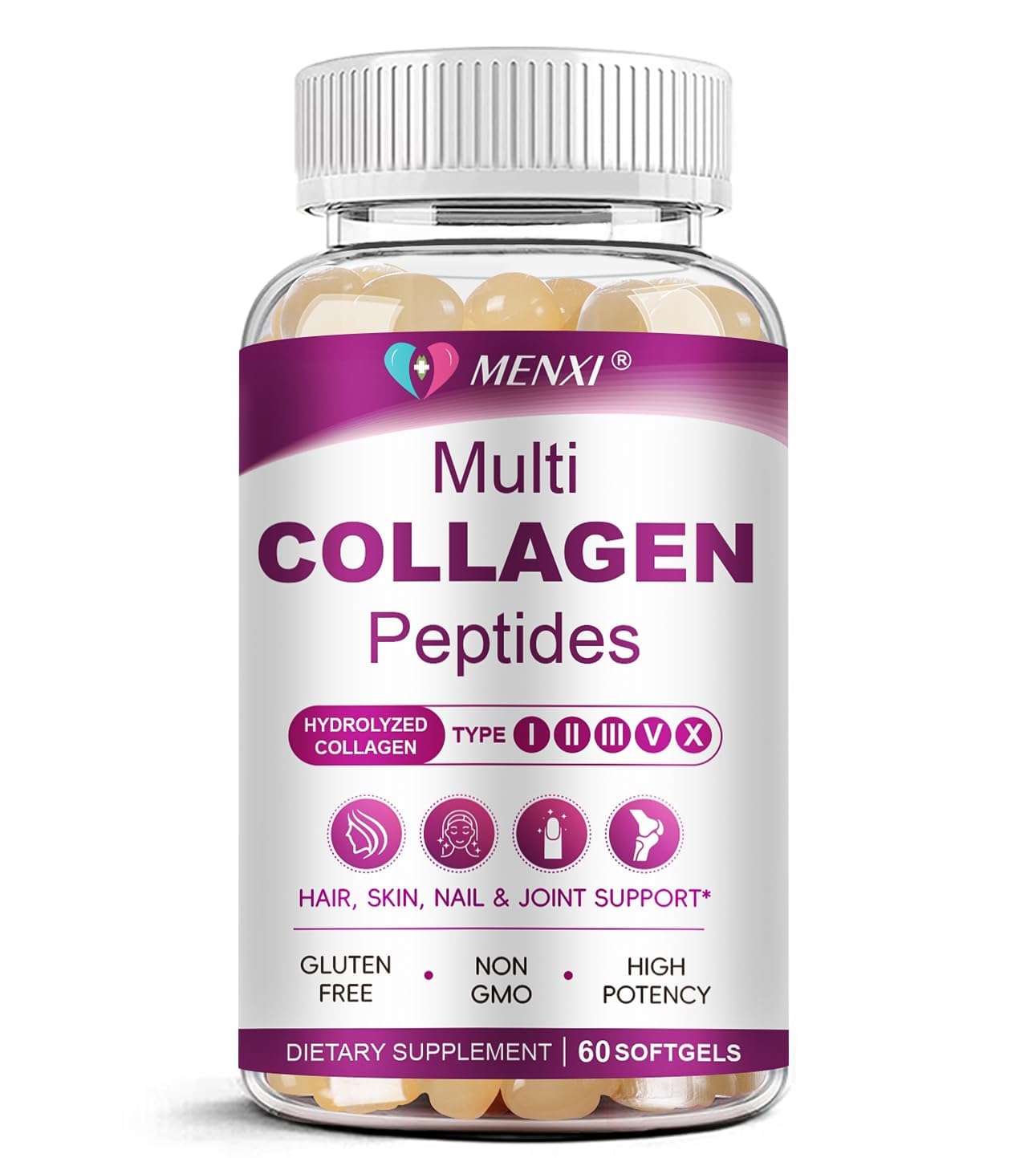 Multi Collagen Peptides Softgels – Types I, II, III, V, X – Biotin, Vitamin C & Hyaluronic Acid – Skin, Hair, Nails & Joints – Non-GMO, 60 Softgels