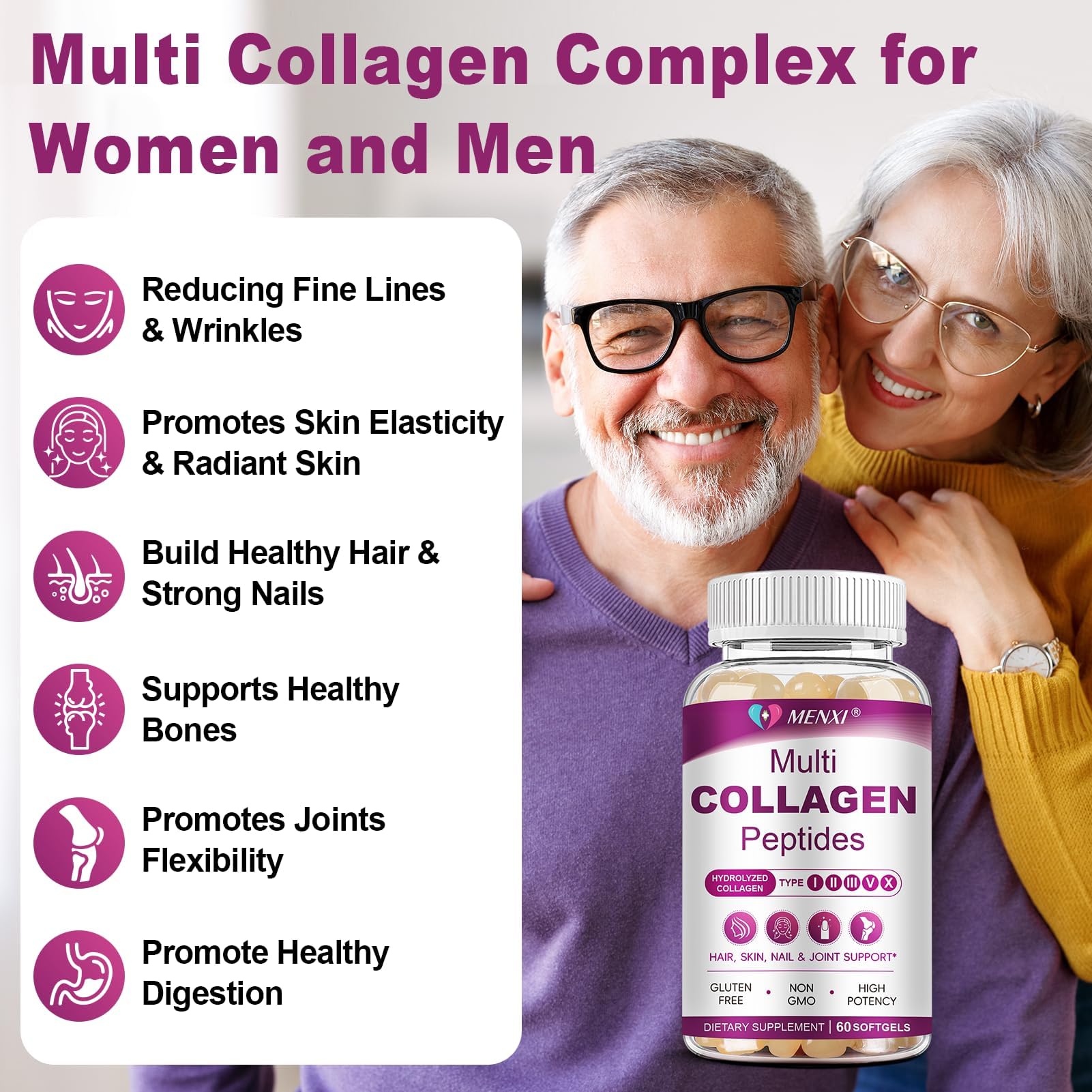 MENXI Multi Collagen Peptides Softgel – Types I–X with Biotin, Vitamin C & Hyaluronic Acid