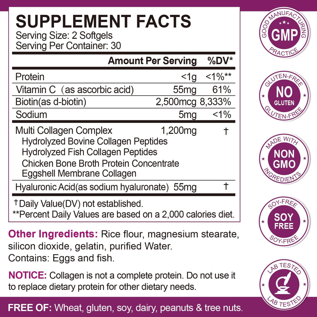 Multi Collagen Peptides Softgels - Types I II III V X with Biotin Vitamin C Hyaluronic Acid
