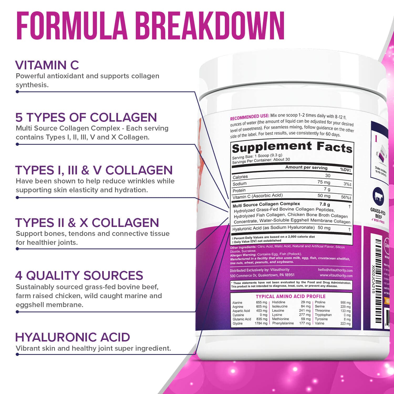 Multi Collagen Peptides for Women – Strawberry, 30 Servings | Hydrolyzed 5-Type Collagen, Vitamin C & Hyaluronic Acid