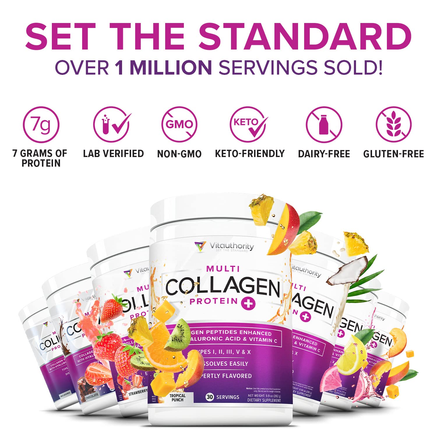 Multi Collagen Peptides Powder for Women – Hydrolyzed Collagen with Vitamin C & Hyaluronic Acid (Tropical Punch, 30 Servings)