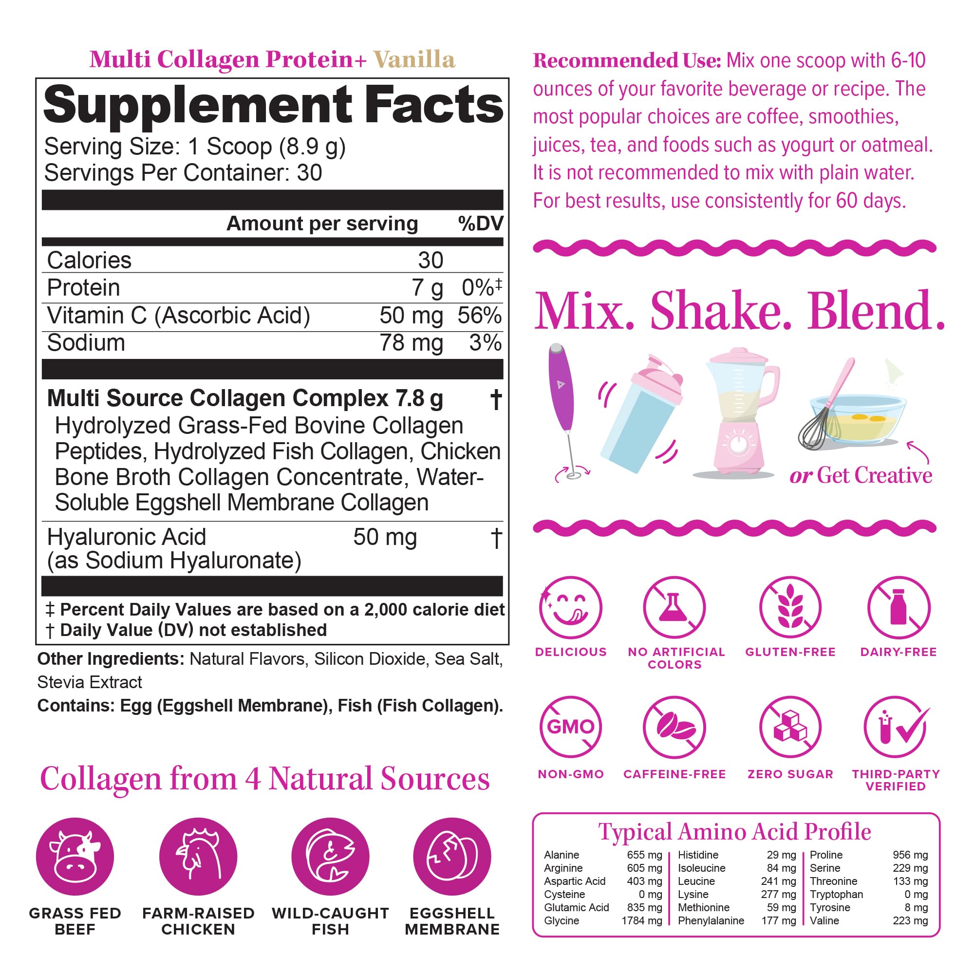 Multi Collagen Peptides Powder for Women – Vanilla, Vitamin C & Hyaluronic Acid