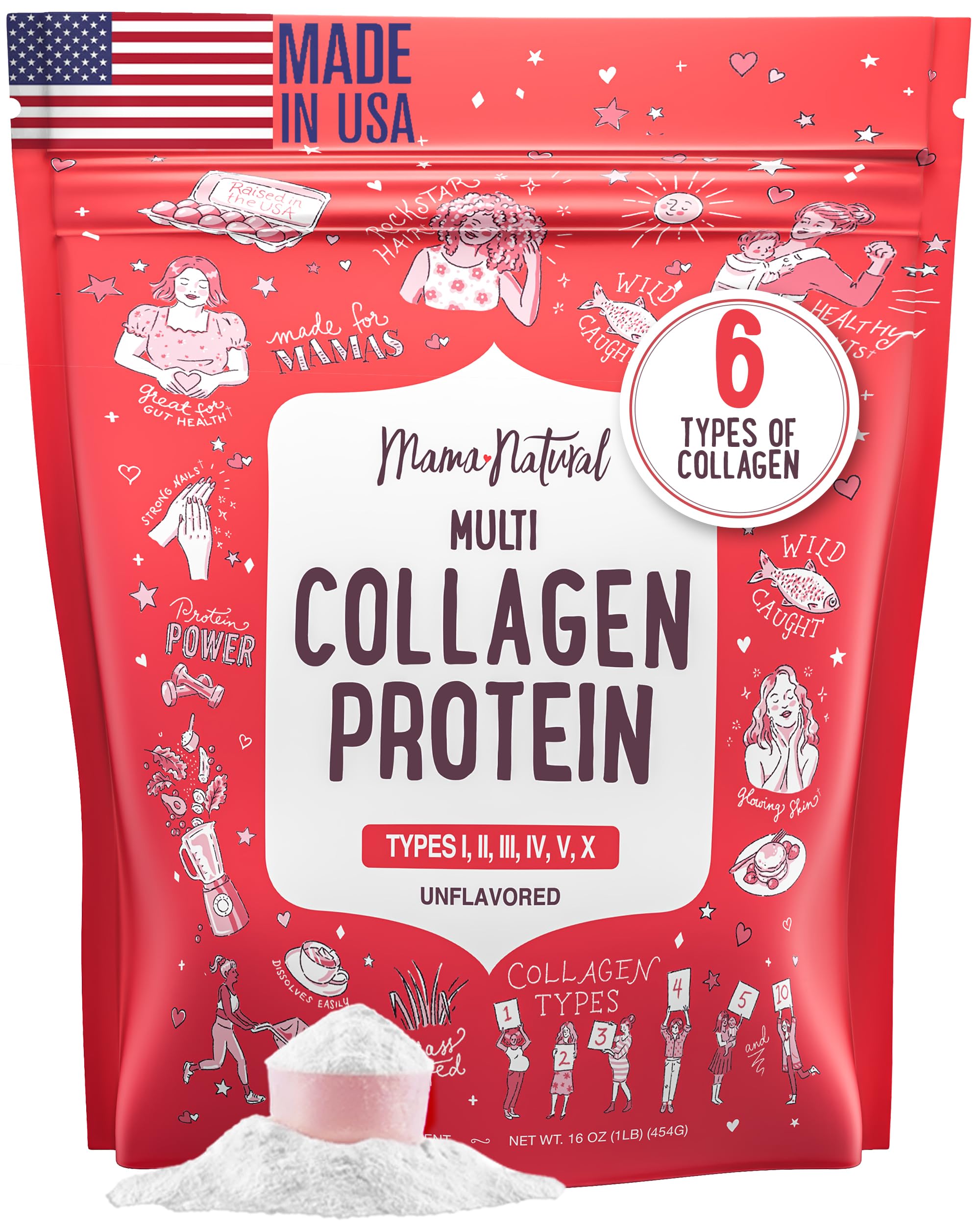 Mama Natural Multi Collagen Protein Powder – Unflavored, Hydrolyzed 16 oz | Grass-Fed Bovine, Wild Fish & Eggshell Membrane