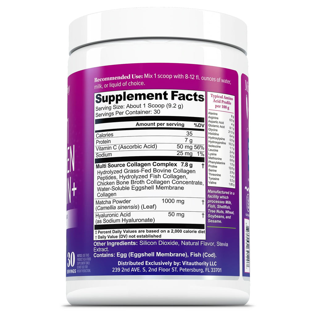Multi Collagen Protein Powder for Women - Types I II III V & X with Vitamin C & Hyaluronic Acid, Matcha Flavor, 30 Servings