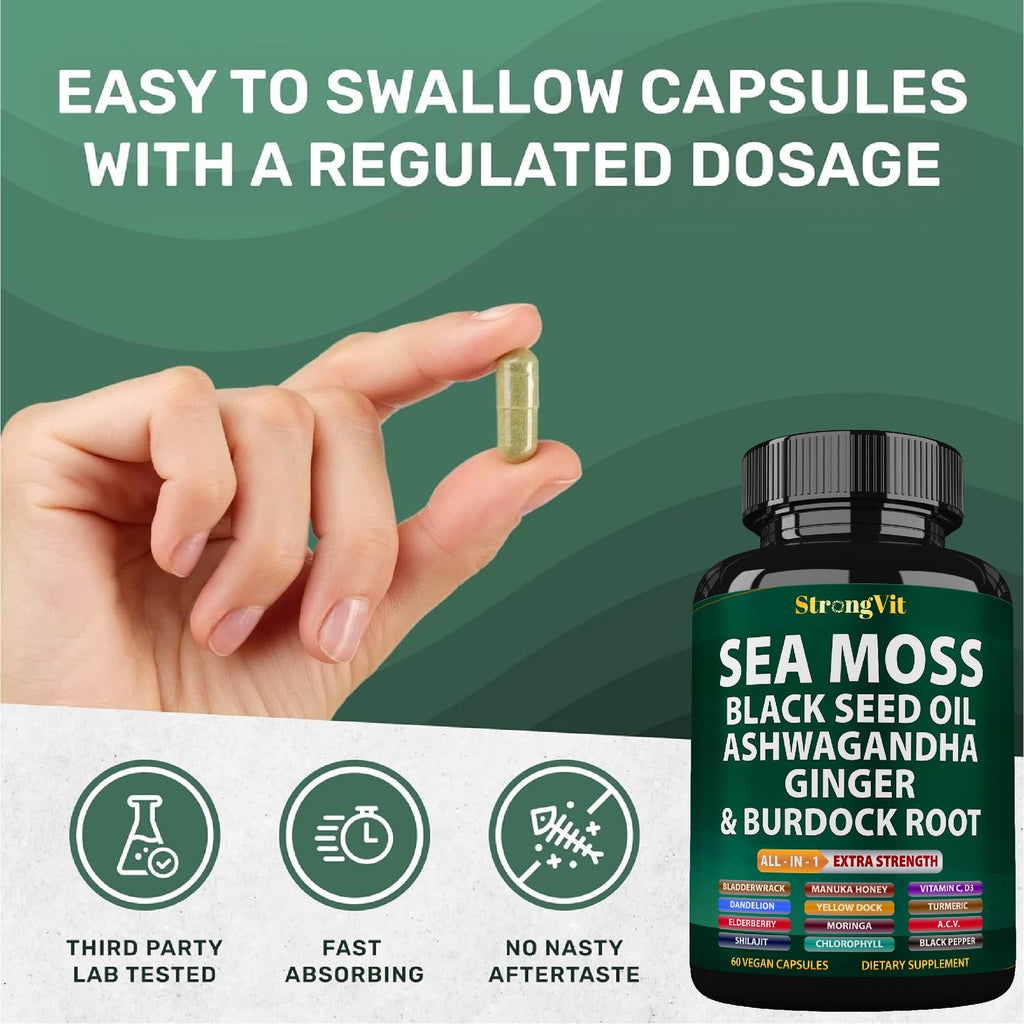 Sea Moss + Black Seed Oil Capsules with Ashwagandha & Ginger – Organic Multimineral Sea Moss (120 Capsules) USA