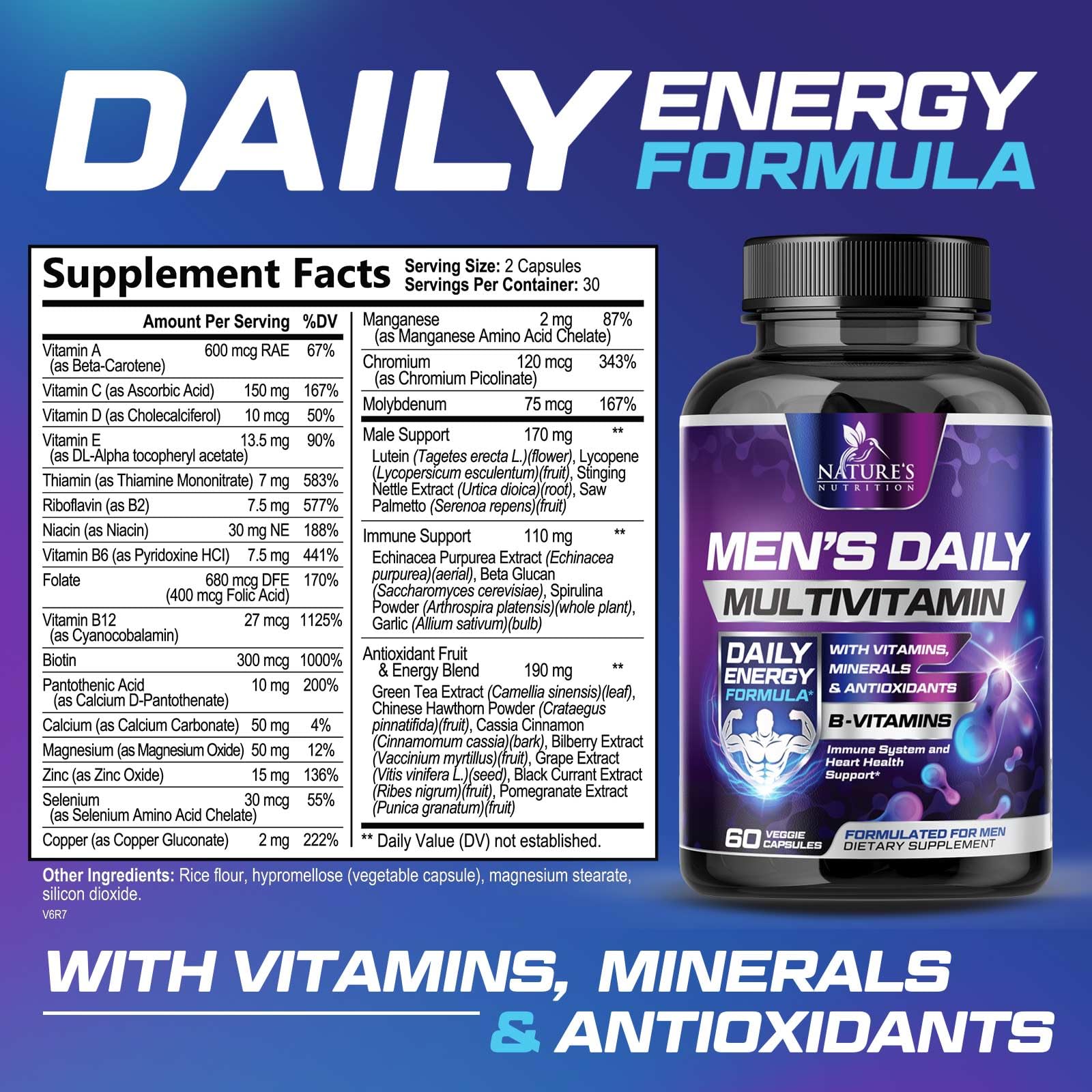 Multivitamin for Men - Immune & Energy Support | Non-GMO 60 Capsules