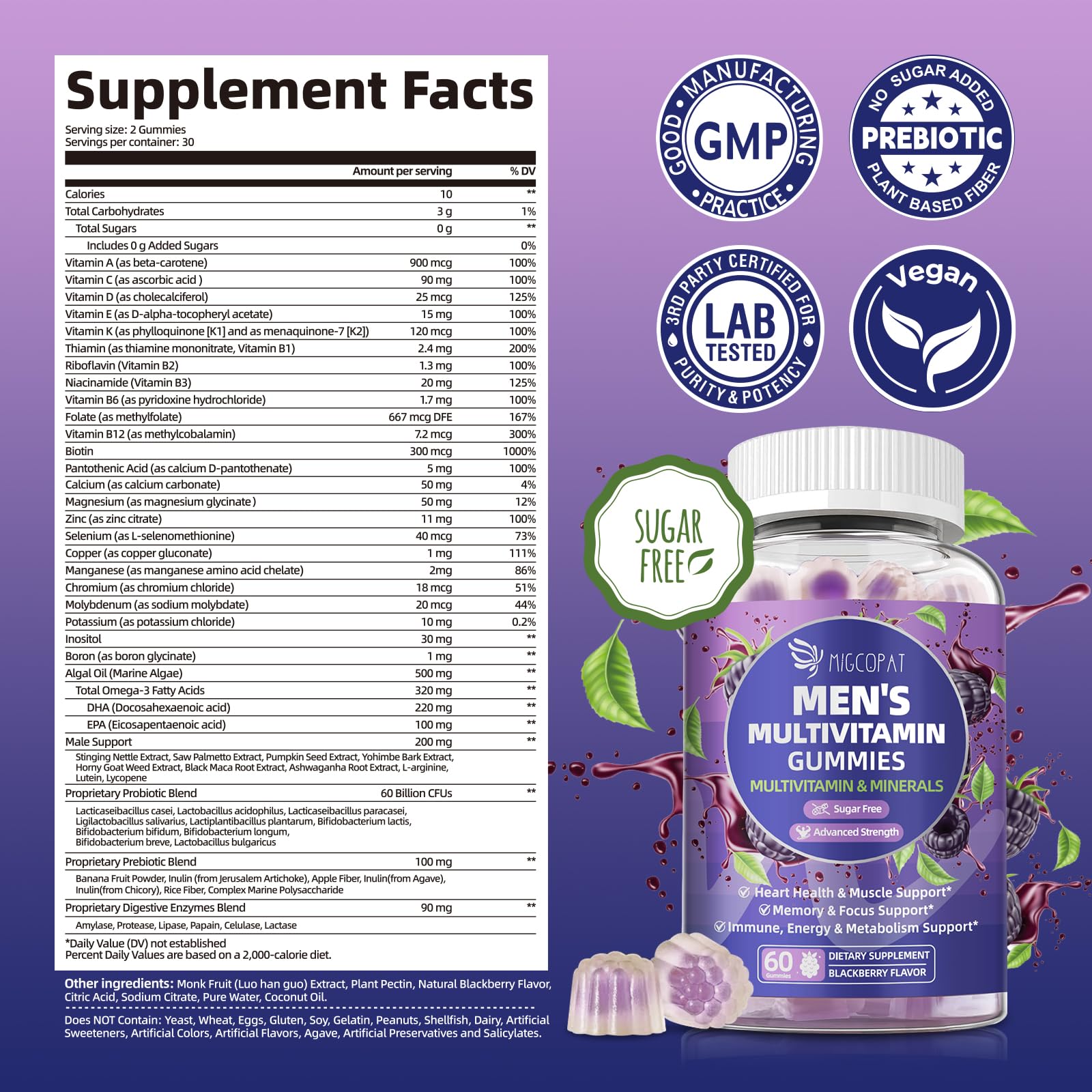 Multivitamin for Men Gummies with Omega-3, Probiotics – Sugar-Free Blackberry Flavor | Heart, Brain, Muscle Support