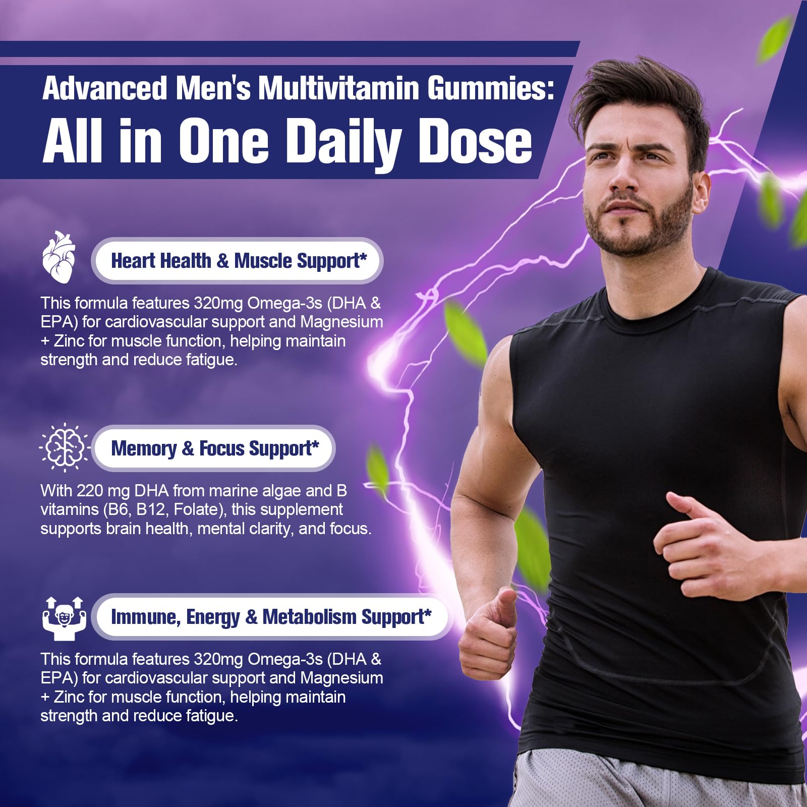 Multivitamin for Men Gummies with Omega-3, Probiotics – Sugar-Free Blackberry Flavor | Heart, Brain, Muscle Support