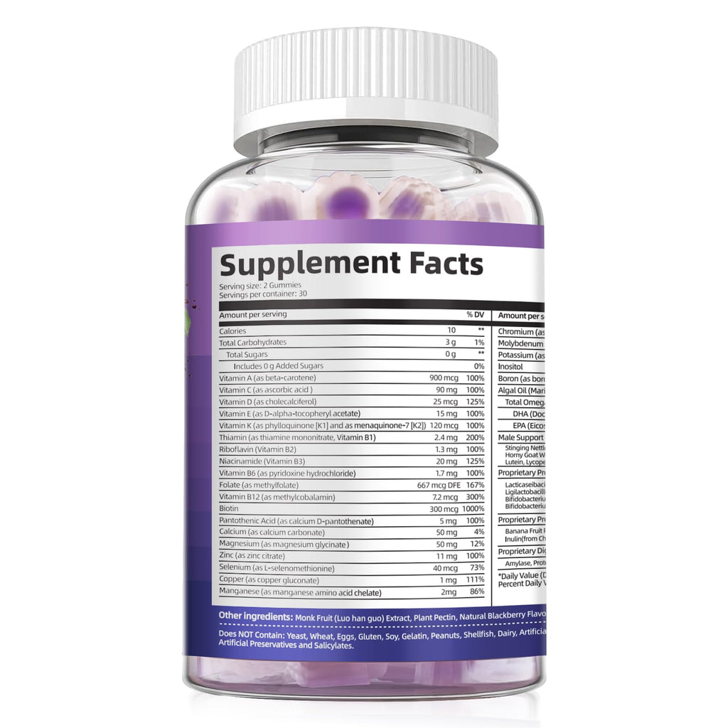 Multivitamin for Men Gummies with Omega-3, Probiotics – Sugar-Free Blackberry Flavor | Heart, Brain, Muscle Support