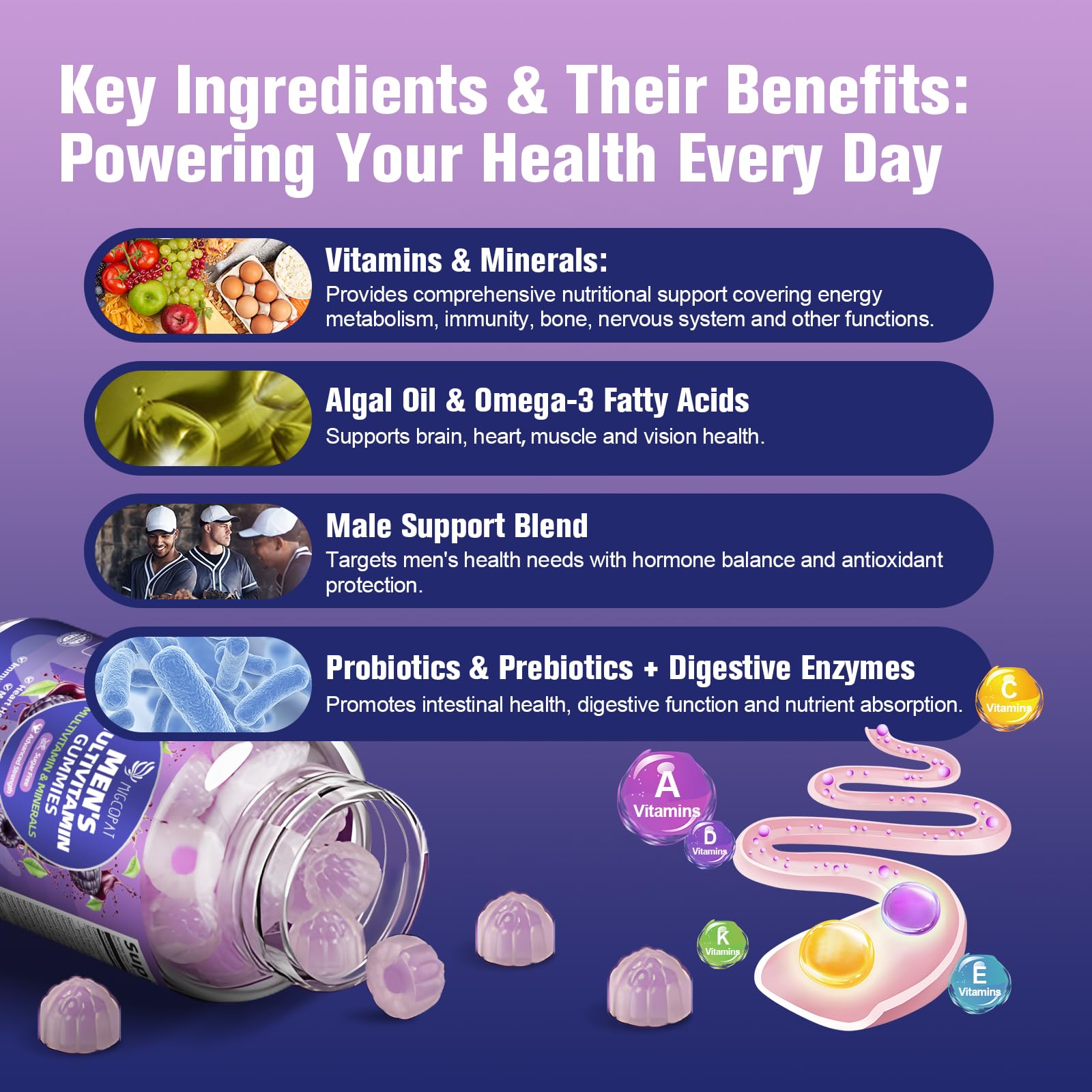 Multivitamin for Men Gummies with Omega-3, Probiotics – Sugar-Free Blackberry Flavor | Heart, Brain, Muscle Support