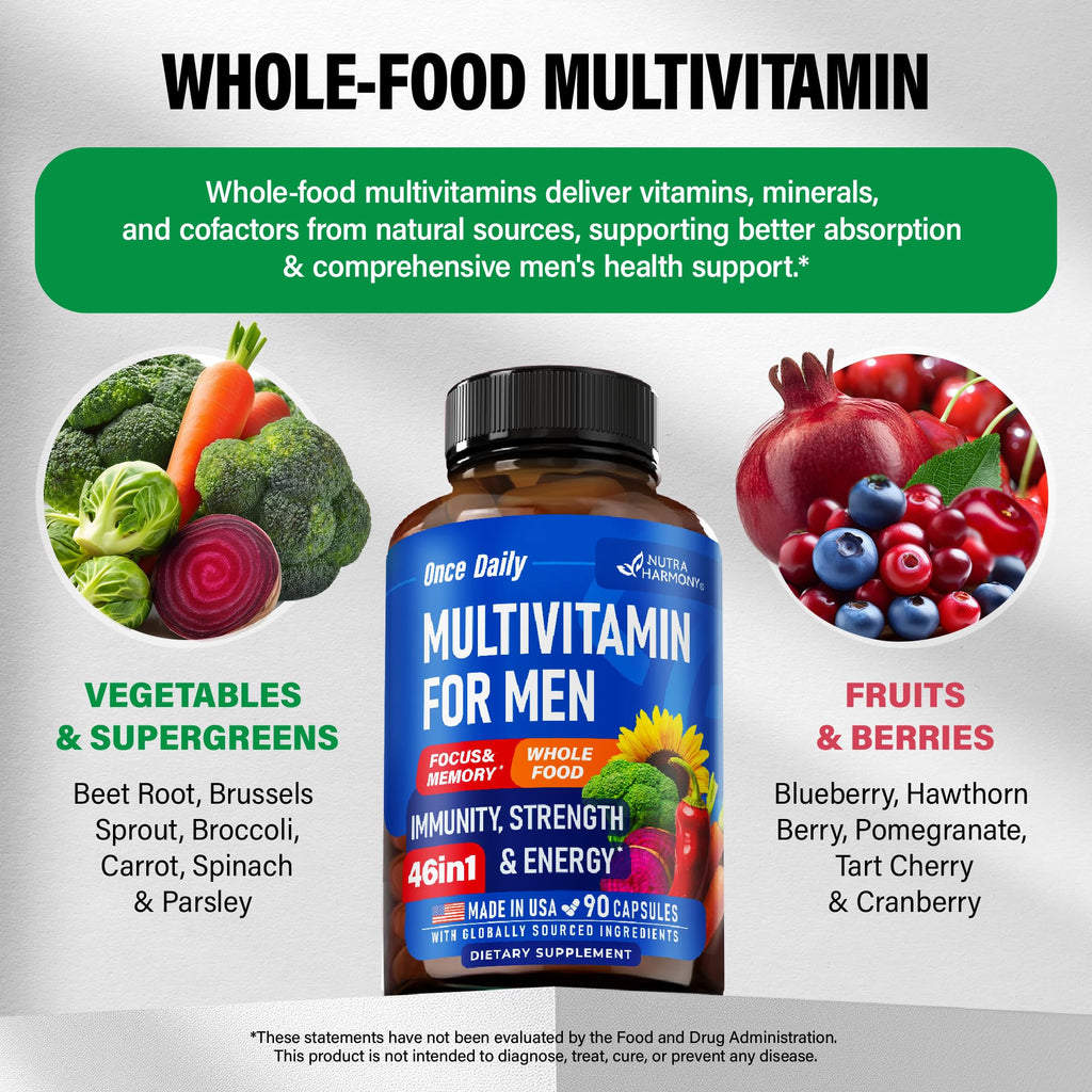 Multivitamin for Men 46in1 - Bioavailable & Gentle on Stomach | Made in USA - 90 Capsules