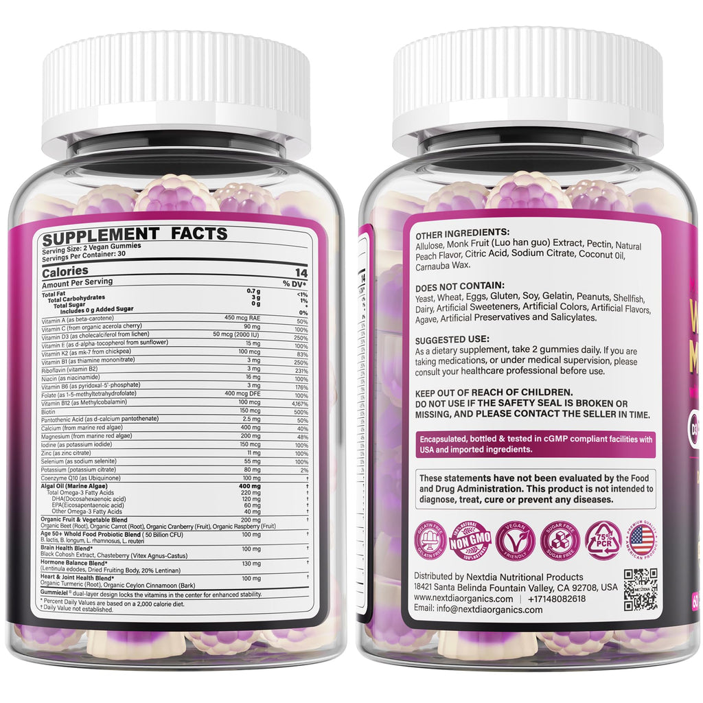 Multivitamin for Women 50+ Gummies – Vegan, Sugar Free, Omega-3, D3 K2, CoQ10