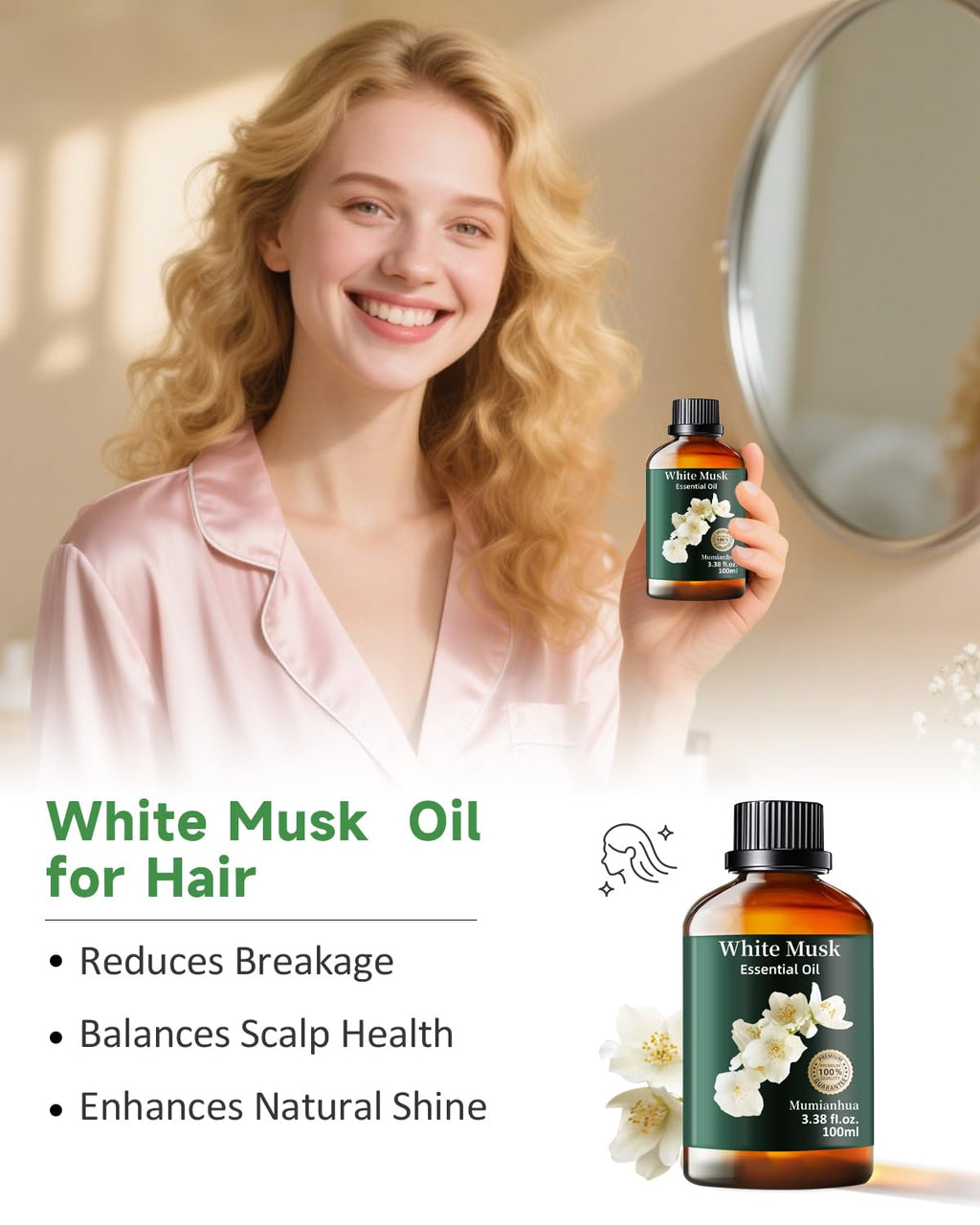 Mumianhua White Musk Oil 100% Pure – Therapeutic Grade Essential Oil for Diffusers, Skin & Body Care (3.38 fl oz)