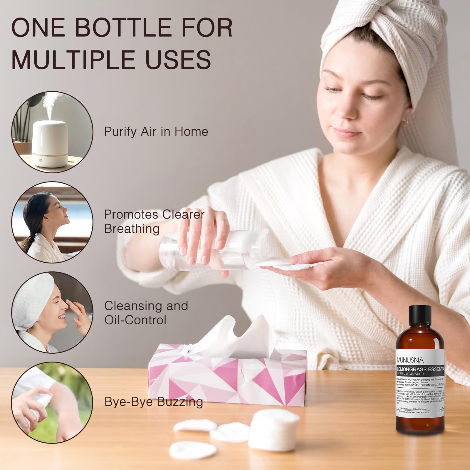 MUNUSNA Lemongrass Essential Oil 100% Natural – 100ML Premium Aromatherapy
