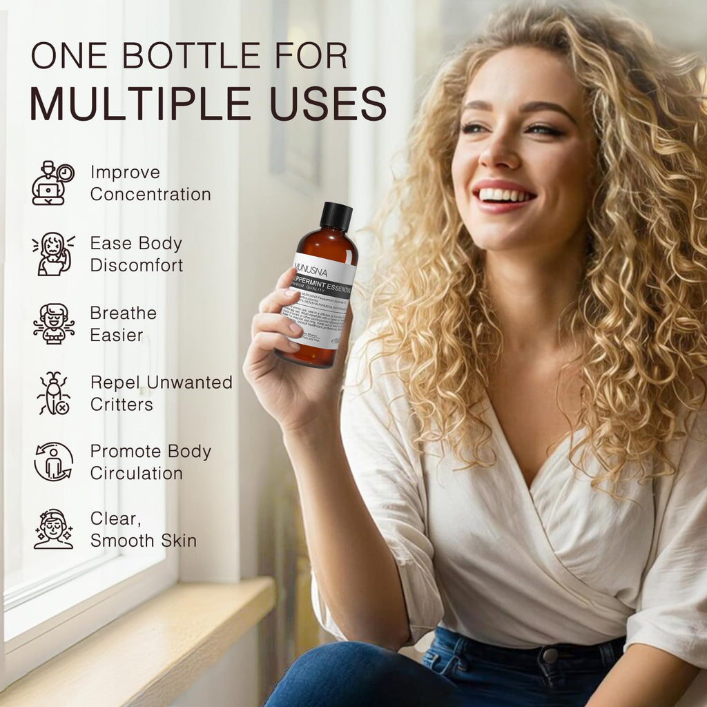 MUNUSNA Peppermint Essential Oil 100% Pure & Natural - 100ML | Aromatherapy, Diffuser, Skin & Hair Care