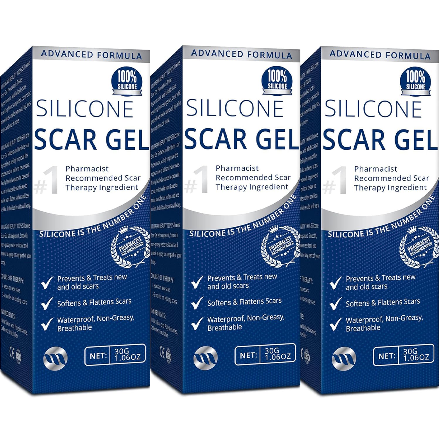 Murasaki Beauty 100% Silicone Scar Gel 3-Pack | Scar Cream for Surgical Scars, Acne & Burns