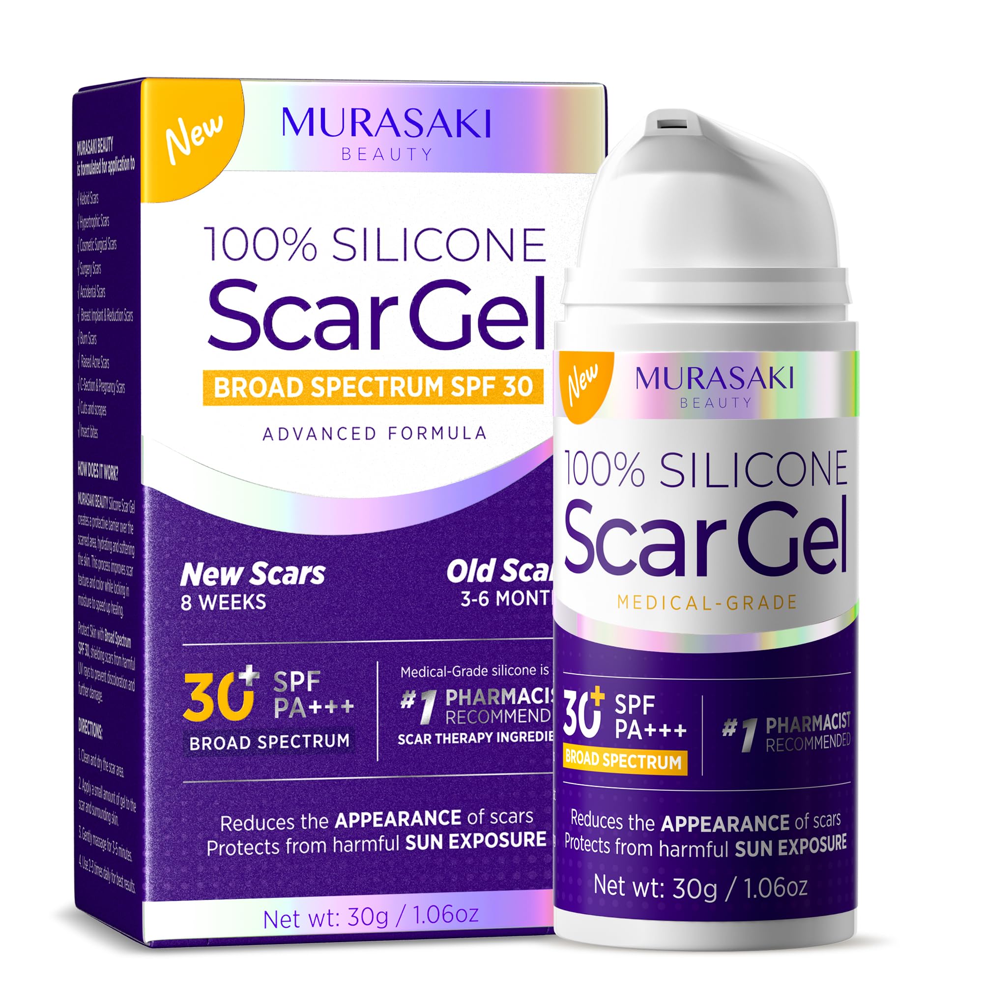 MURASAKI BEAUTY Silicone Scar Gel SPF 30 – Medical-Grade Scar Cream (1.06oz)