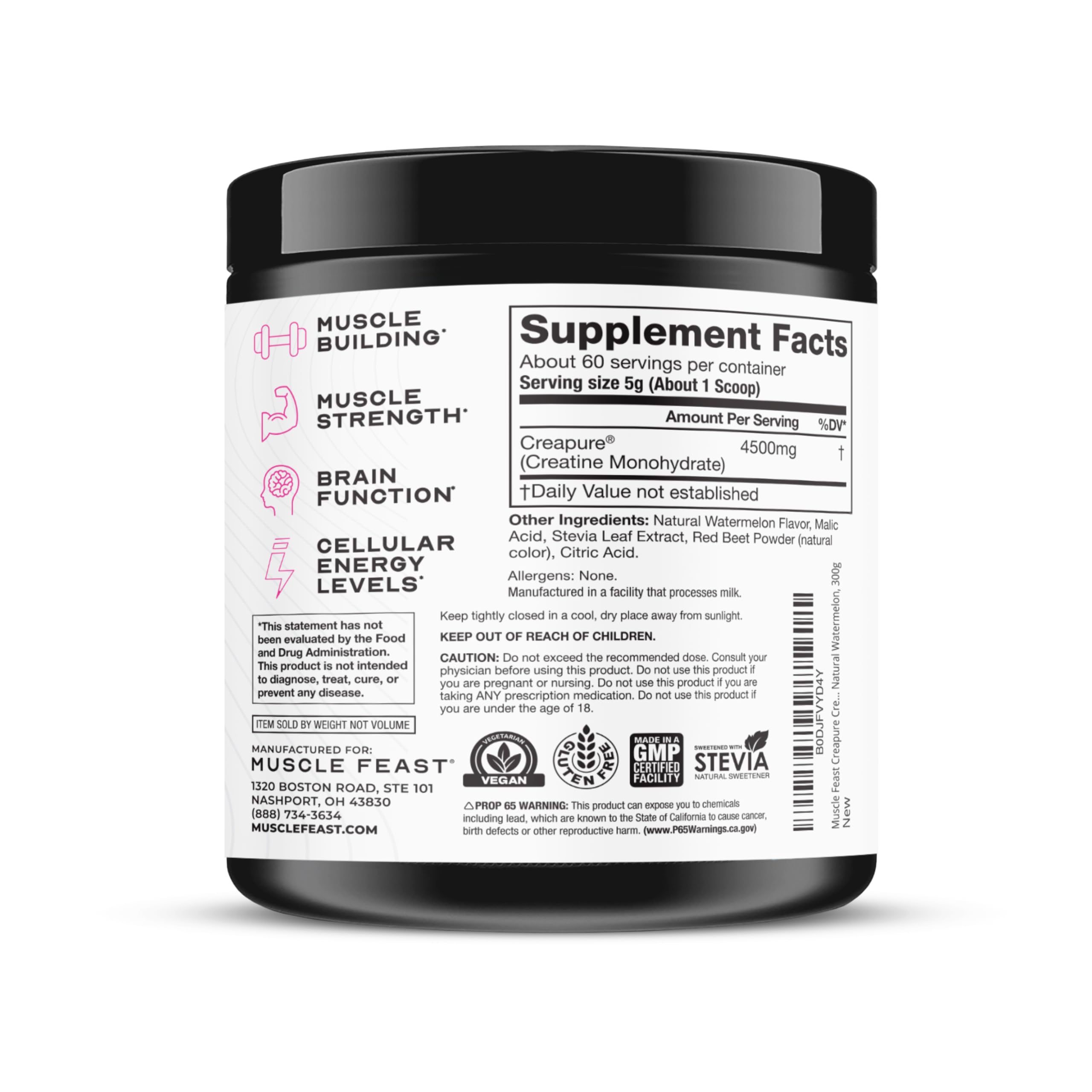 Muscle Feast Creapure Creatine Monohydrate Powder – Natural Watermelon, 60 Servings, 300g