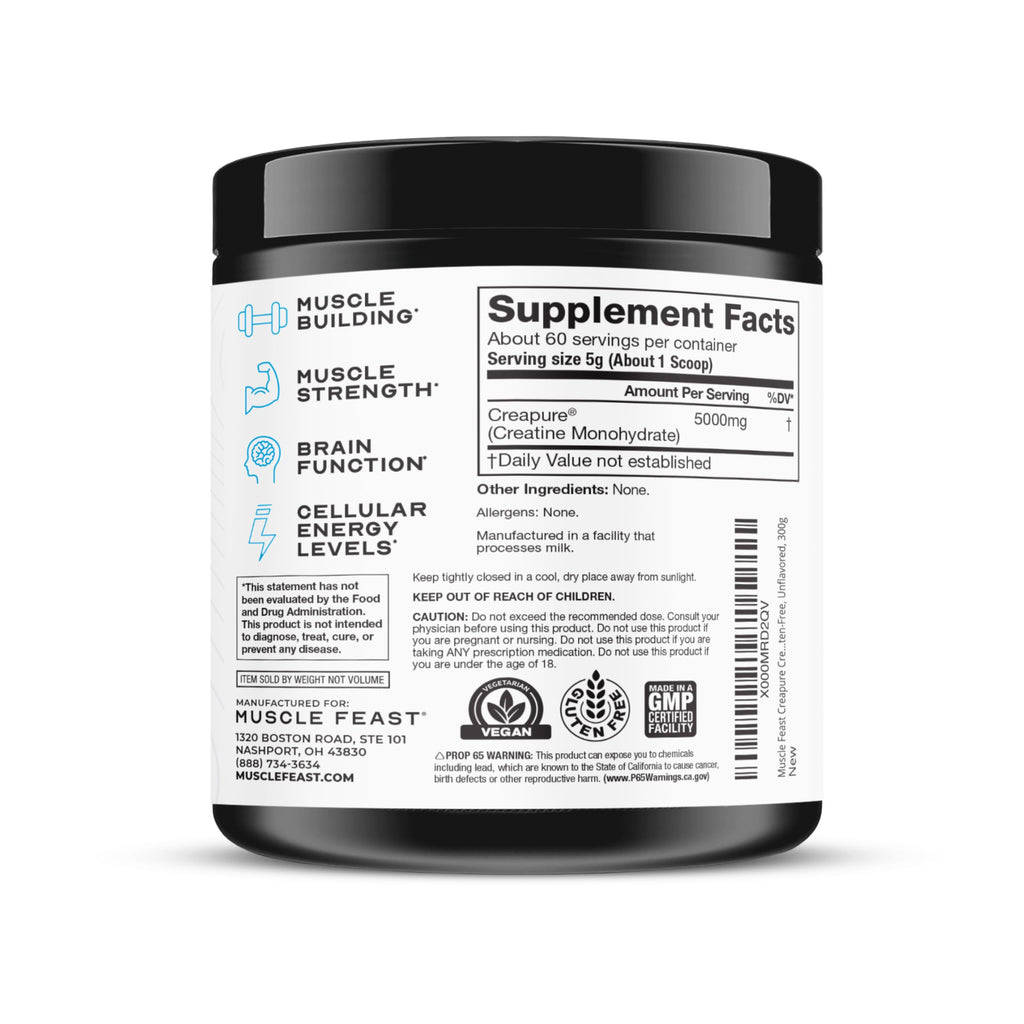 Muscle Feast Creapure Creatine Monohydrate Powder – Unflavored, 300g | Vegan, Gluten-Free, Keto Friendly, 60 Servings