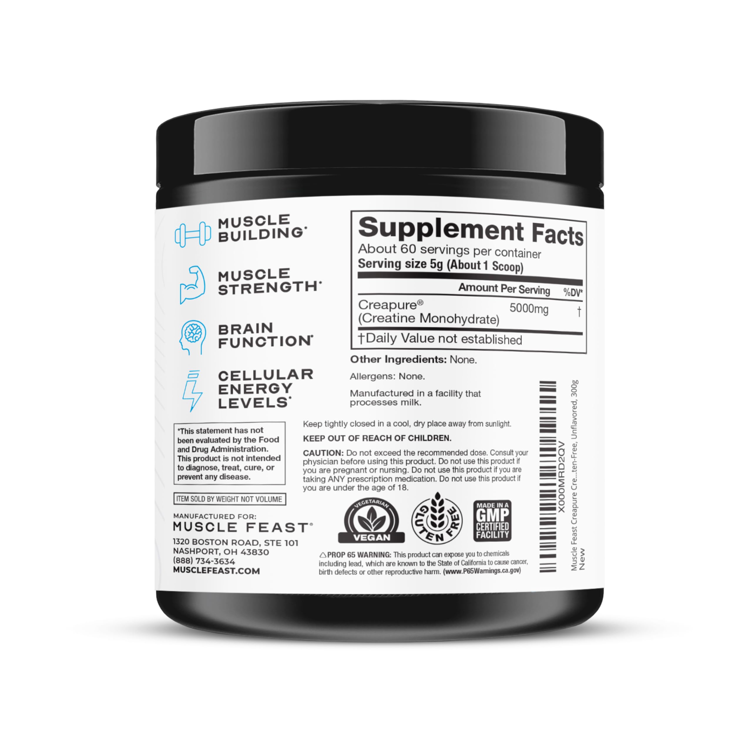Muscle Feast Creapure Creatine Monohydrate Powder – Unflavored, 300g | Vegan, Gluten-Free, Keto Friendly, 60 Servings
