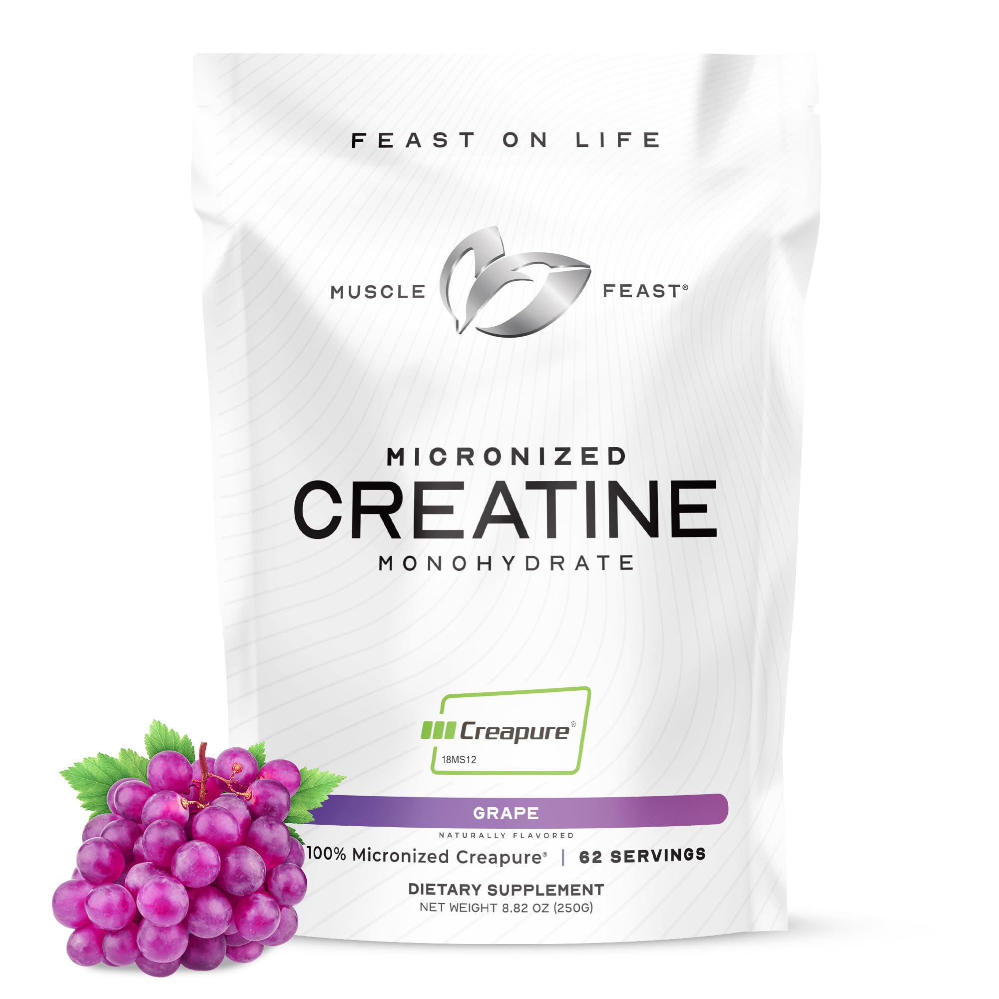 Muscle Feast Creapure Micronized Creatine Monohydrate Powder – Grape, 250g | Easy Mix, Gluten-Free