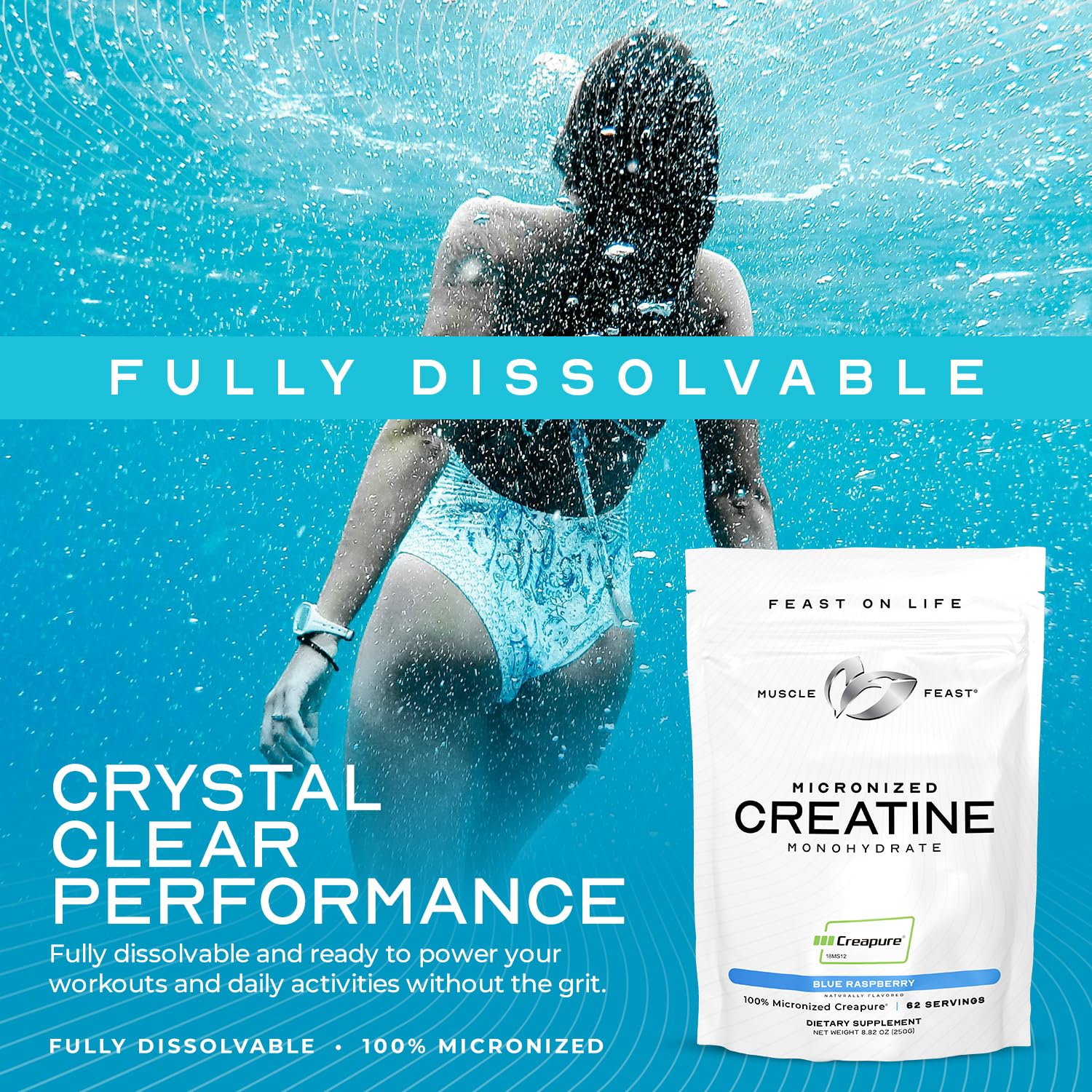 Muscle Feast Creapure Creatine Monohydrate Powder – Blue Raspberry, 250g