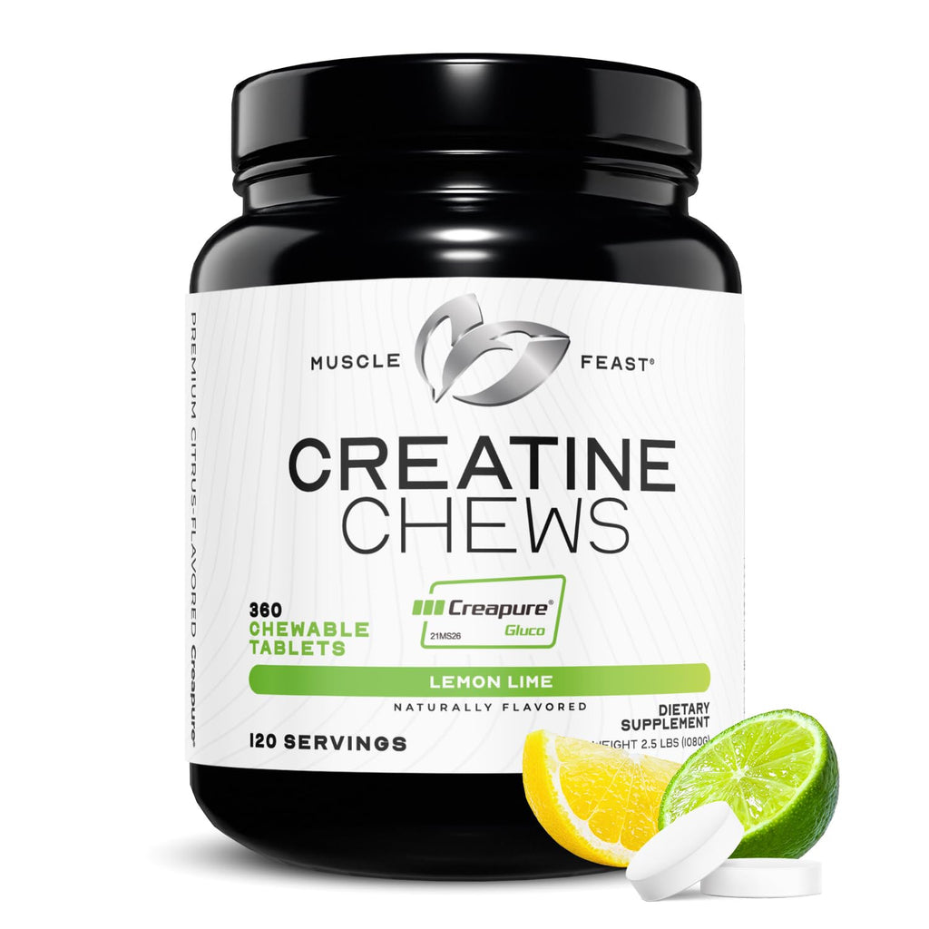Muscle Feast Creatine Monohydrate Chewables – Vegan, Gluten-Free Creapure Tablets, Lemon Lime Flavor, 360 Tabs