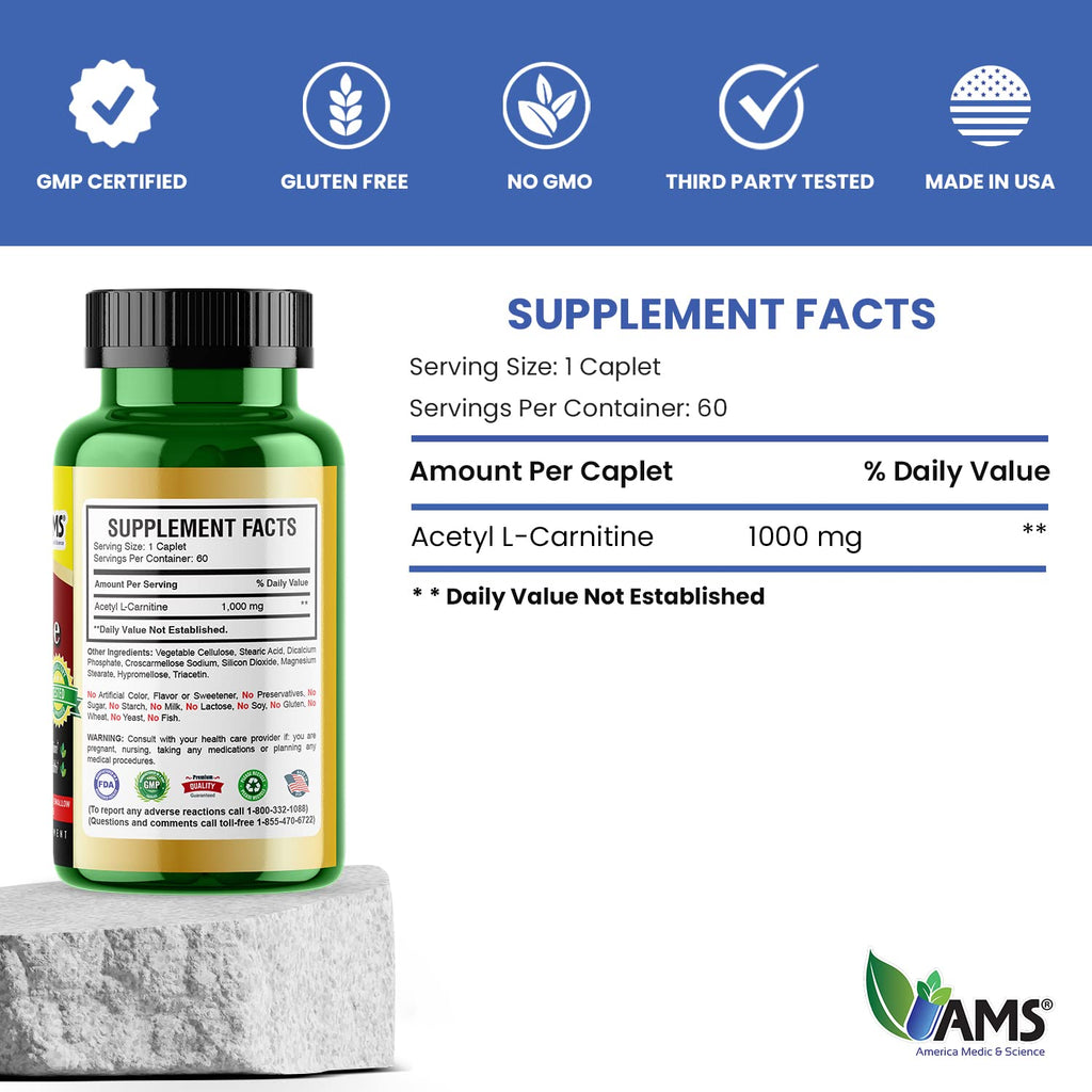 America Medic & Science Acetyl L-Carnitine 1000mg | 60 Tablets | Energy & Brain Health