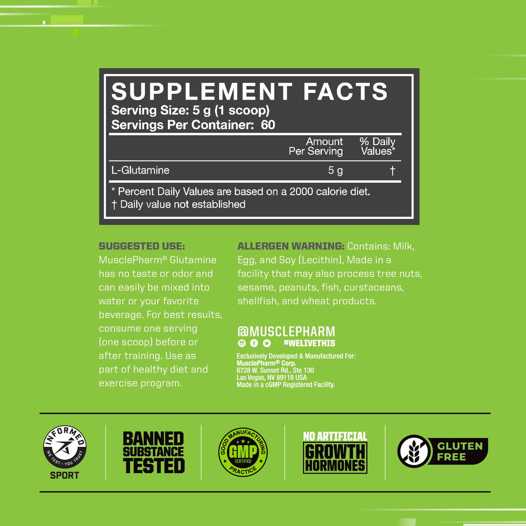 MusclePharm Glutamine Powder – 5g L-Glutamine, 60 Servings, Unflavored